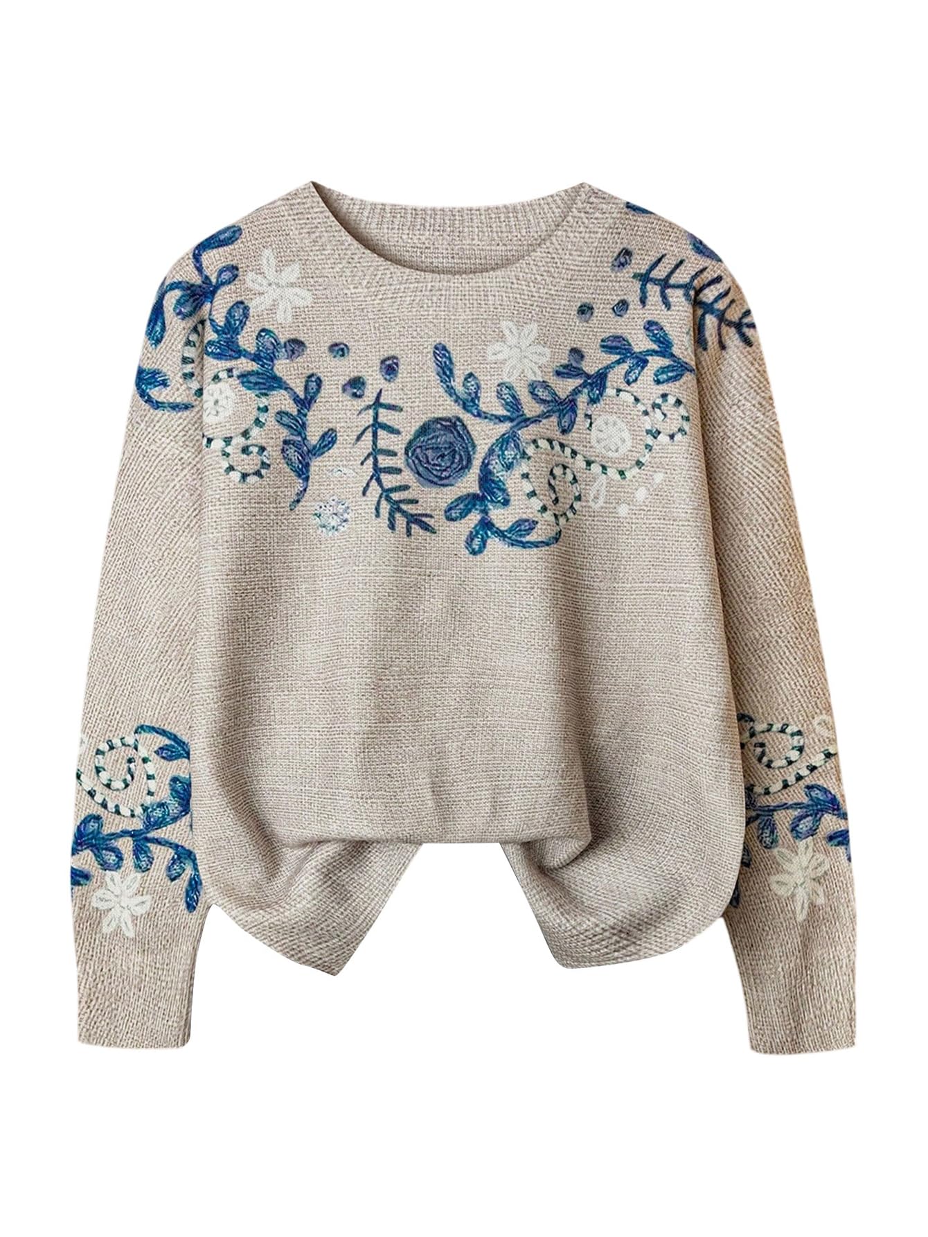 Womens Plus Size Floral Pullover Sweaters Crewneck Long Sleeve Loose Jumper Knit Fall Tops