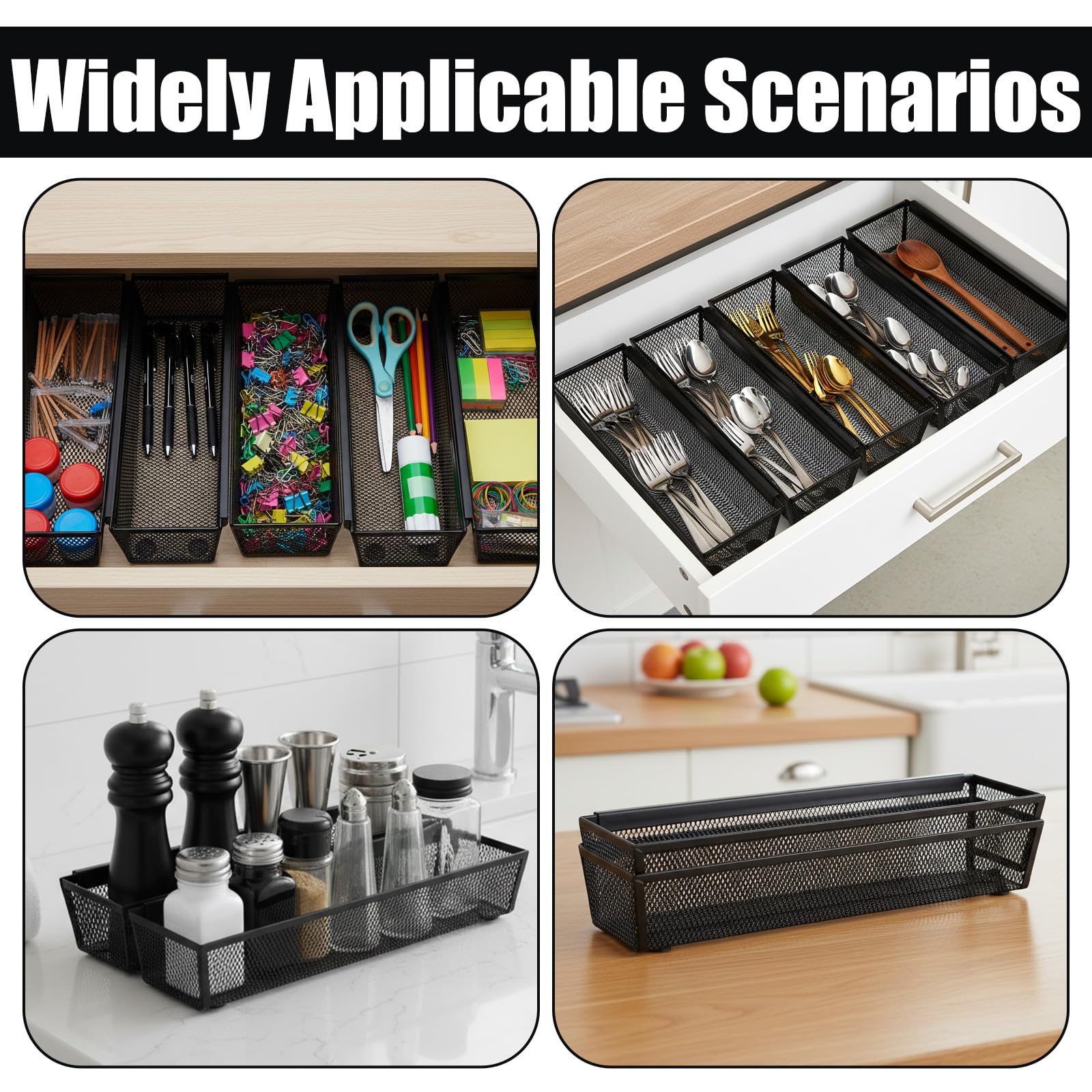 6 organizadores de cajones para cocina, organizador de cajones de malla para utensilios con brazo entrelazado para cosméticos, cubiertos, bolígrafos (12 x 3 x 2 pulgadas, negro)