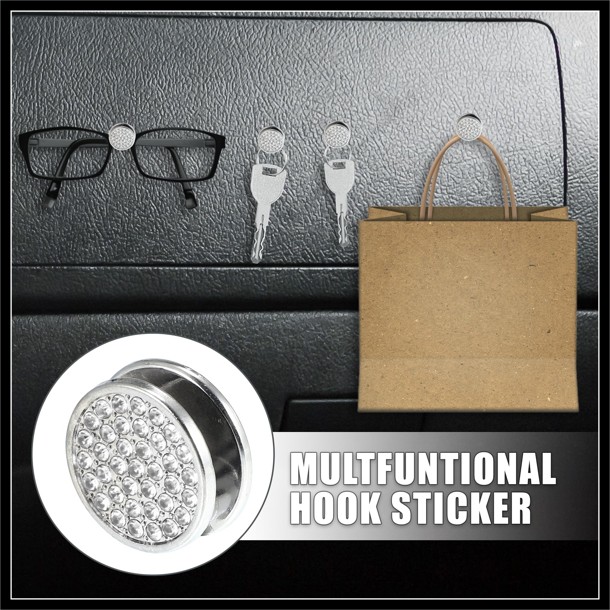 Hihaha 4pcs 22mm Bling Car Dashboard Hooks Storage Hooks Silver Tone Durable Material - Image 2