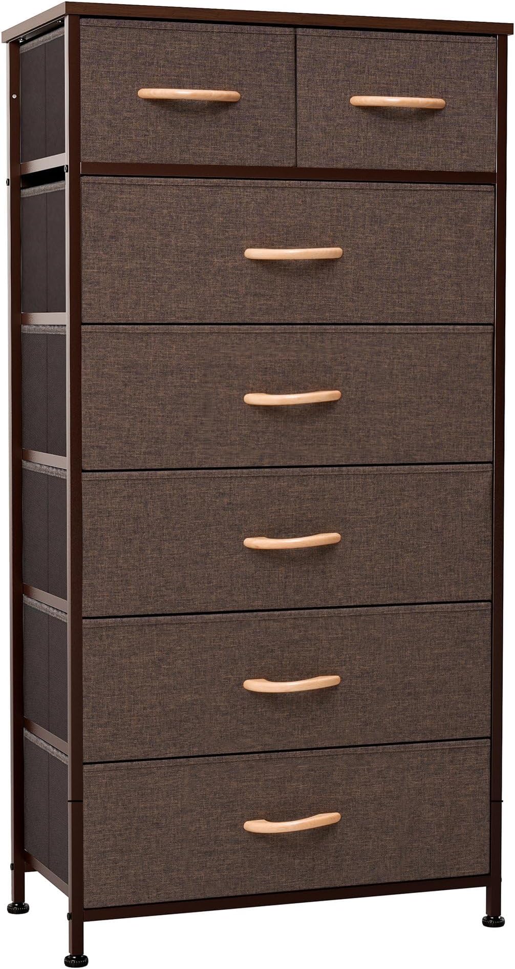 Crestlive Products Vertical Dresser Storage Tower - Sturdy Steel Frame, Wood Top, Easy Pull Fabric Bins, Wood Handles - Organizer Unit for Bedroom, Entryway, Closets - 7 Drawers (Brown)