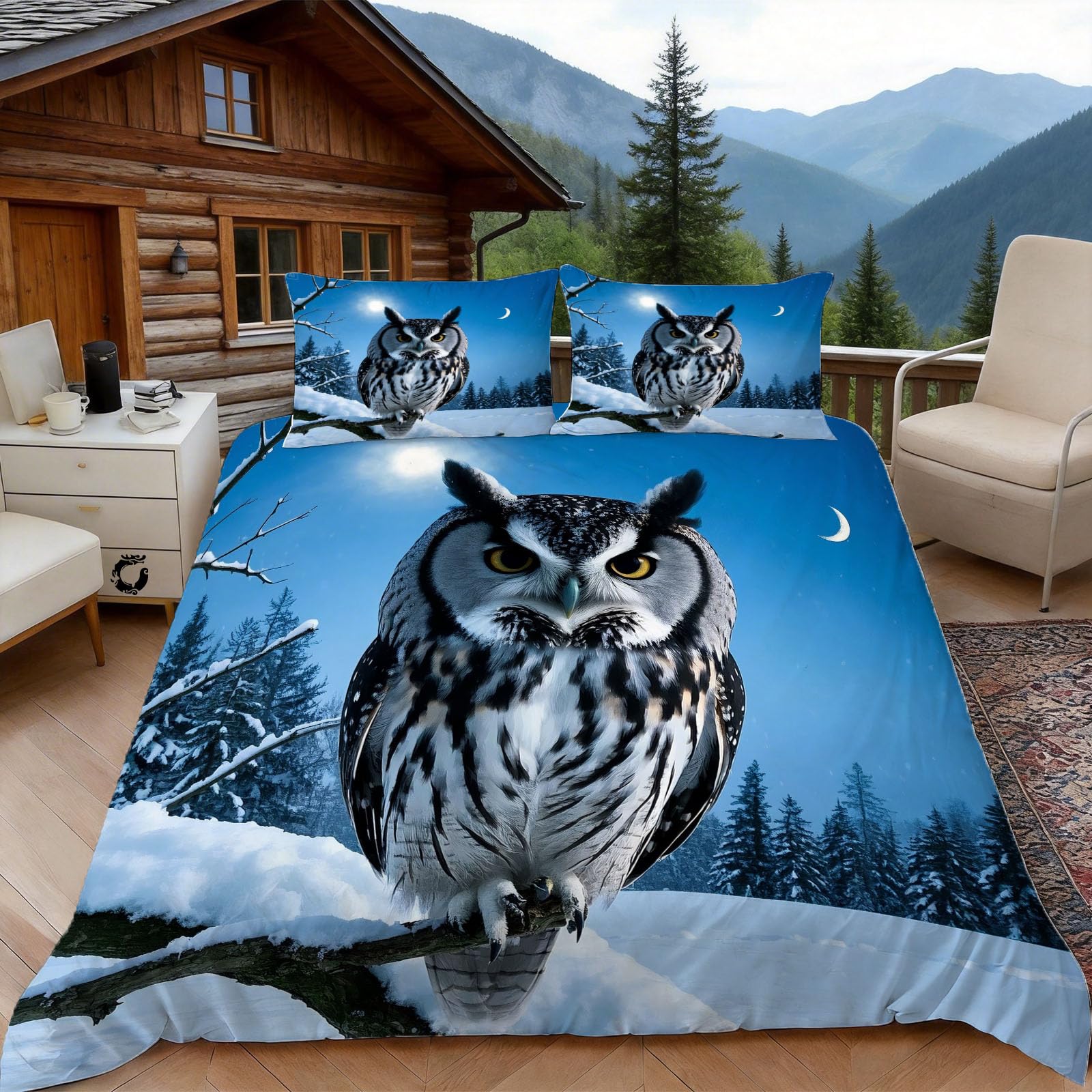 Housse de couette 140x200 microfibre imprimé hibou oiseau avec zip invisible