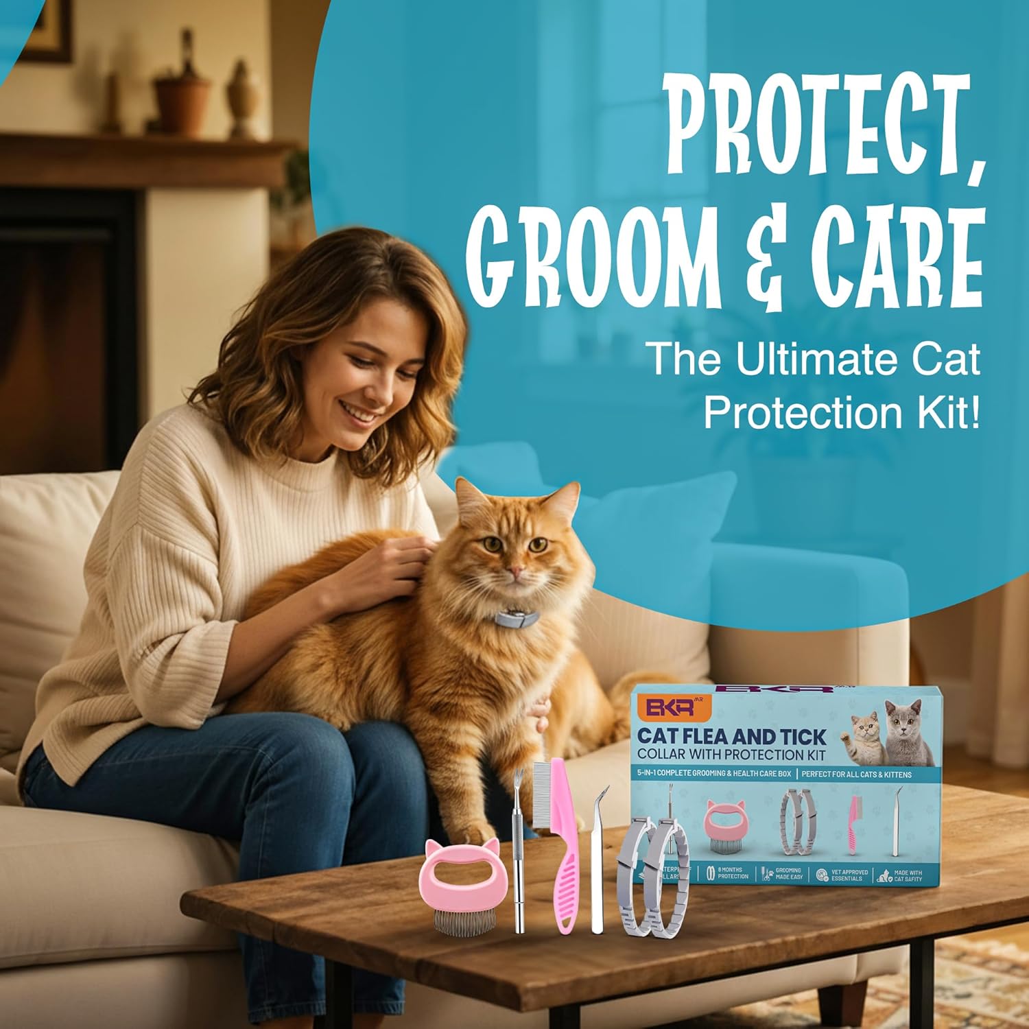 Cat Flea and Tick Collar 8-Month Protection Natural Flea Collar for Cats & Kittens with Flea Comb, Shell Comb, Tick Tweezers & Tick Removal Tool | 5-in-1 Cat Flea Collar & Protection Kit Set