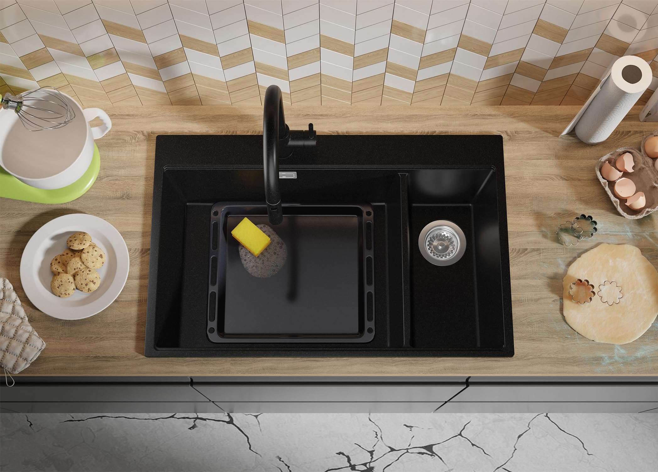 Evier Cuisine en Granit Noir 78x50cm, Lavabo 1,5 bacs + Kit de Vidage + Robinet + Planche à Découper, Évier à Encastrer au meuble 80cm - Oslo Top Duo de Primagran