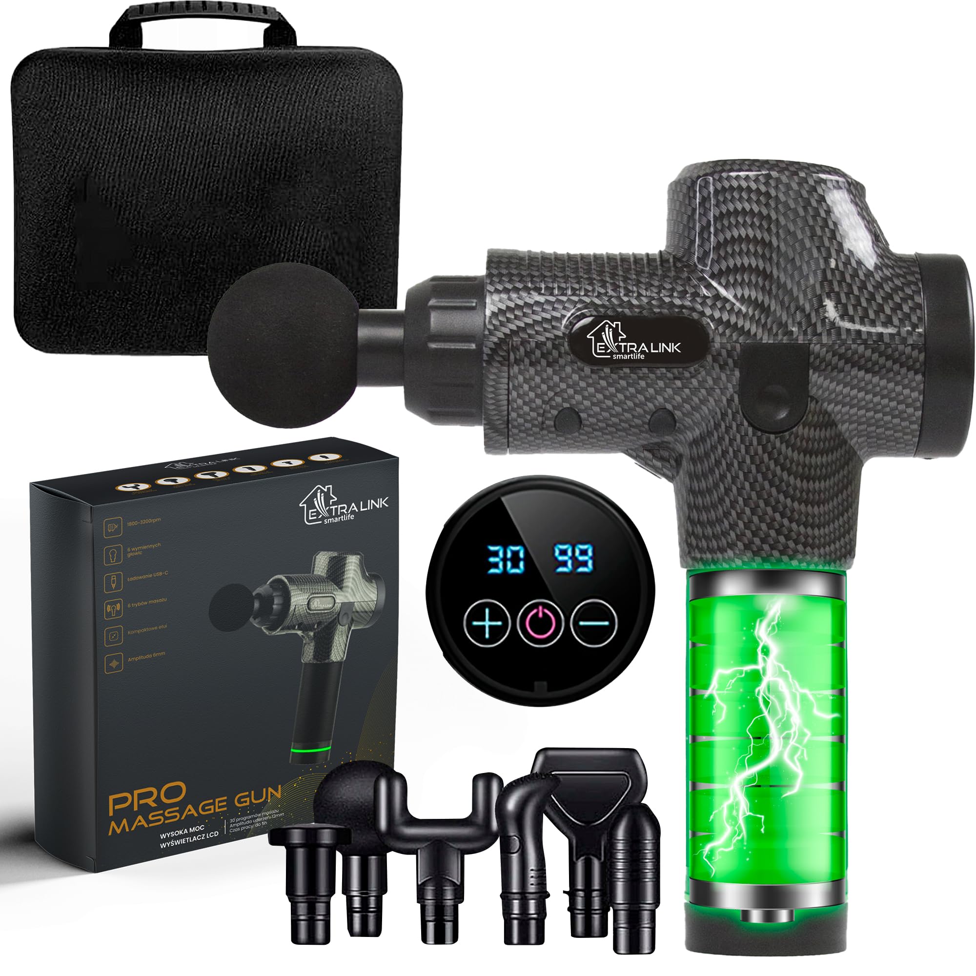 Extralink Massage Gun Pro, Pistolet do masażu, 3800 RPM, 6 końcówek wymiennych, moc 40W, dotykowy wyświetlacz, gniazdo ładujące DC, 30 prędkości, Amplituda 12mm, Masażer mięśni