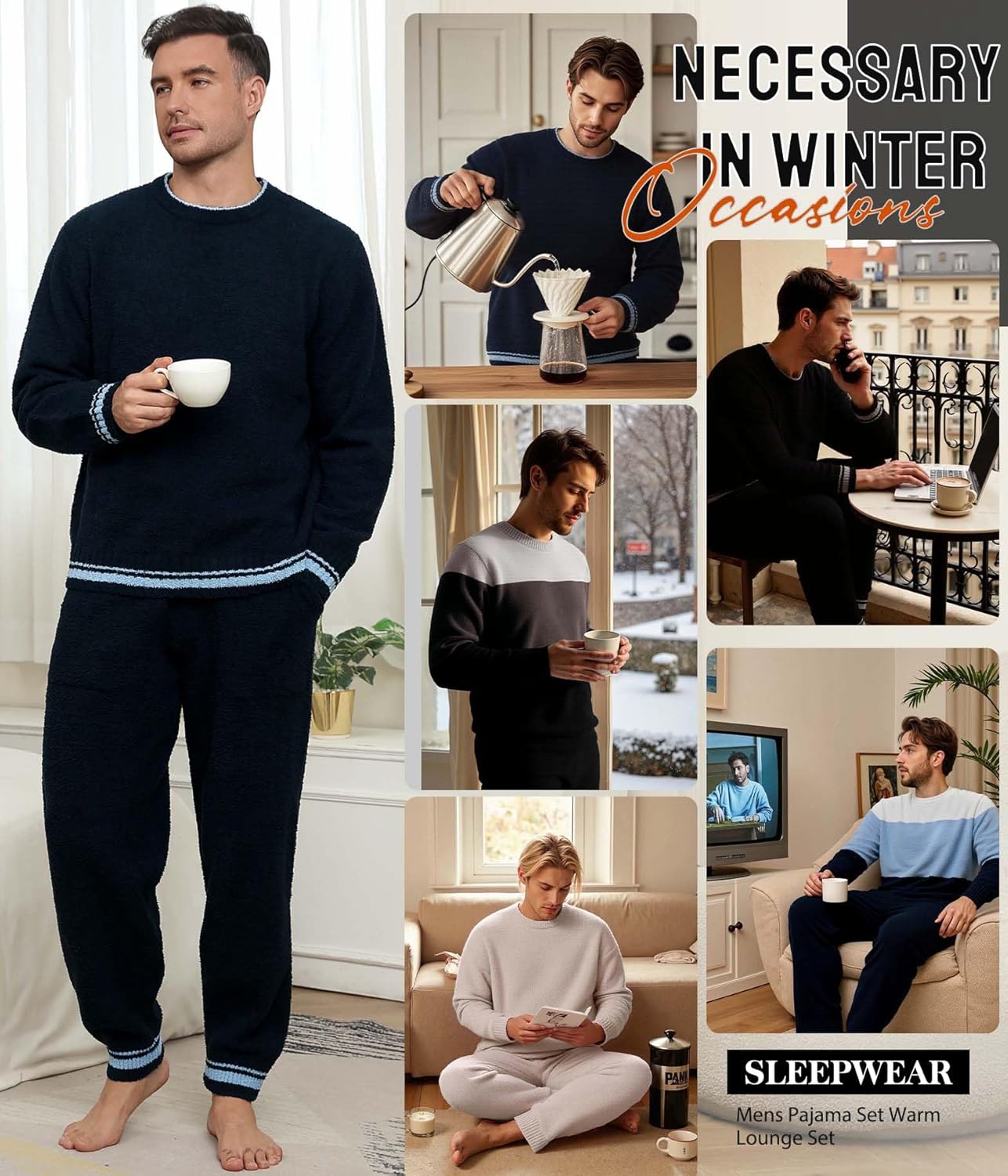 Mens Winter Pajamas Set Soft Warm Round Collar Long Sleeve Sleepwear Comfy Loungewear Pjs with Pockets - Image 6