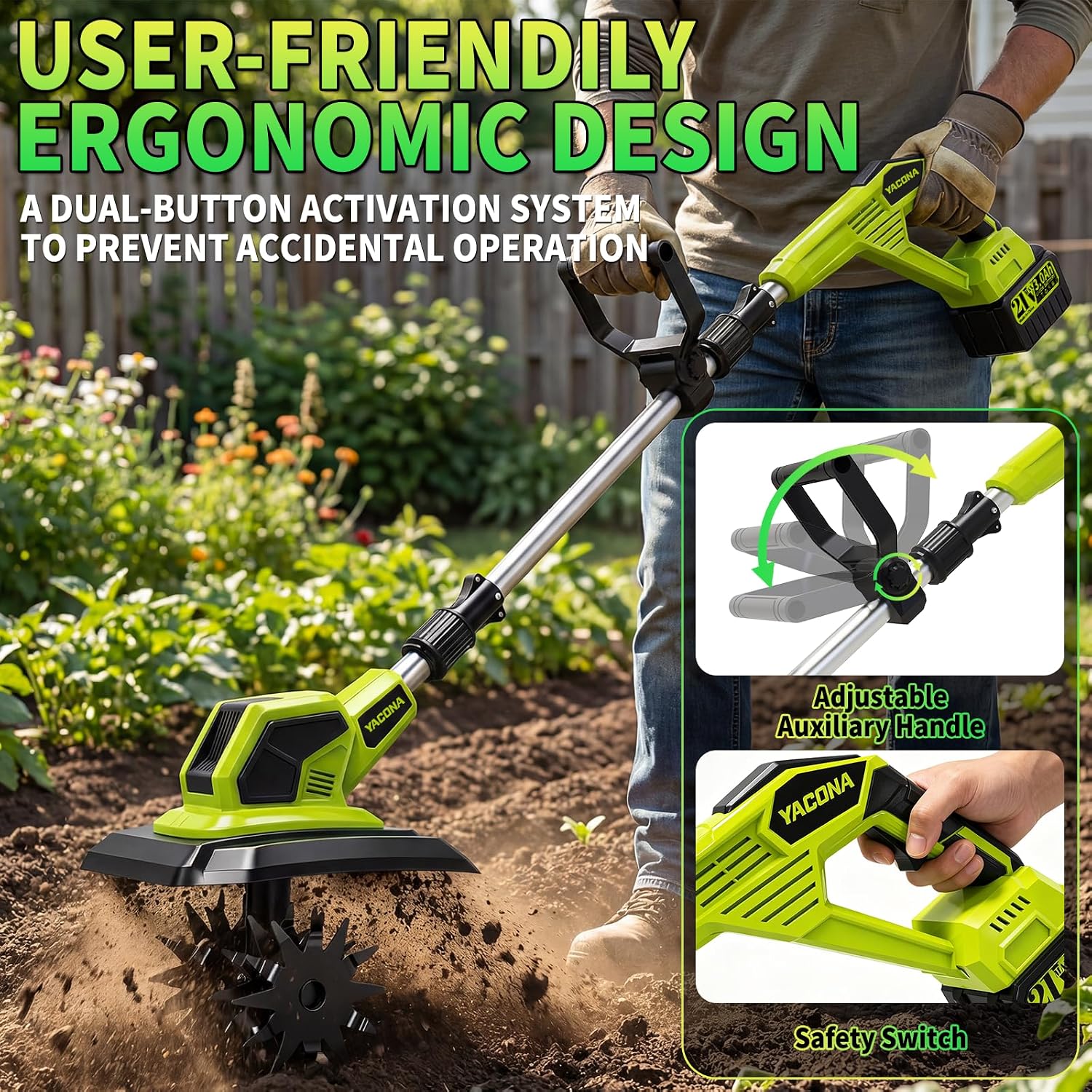 Cordless Tiller Cultivator, 400RPM Battery Powered Garden Cultivator, Portable Electric Tiller with 48 Steel Tines, 2 * Batteries, 9" Width & 6.7" Depth Tiller for Lawn, Gardening, Soil Turning