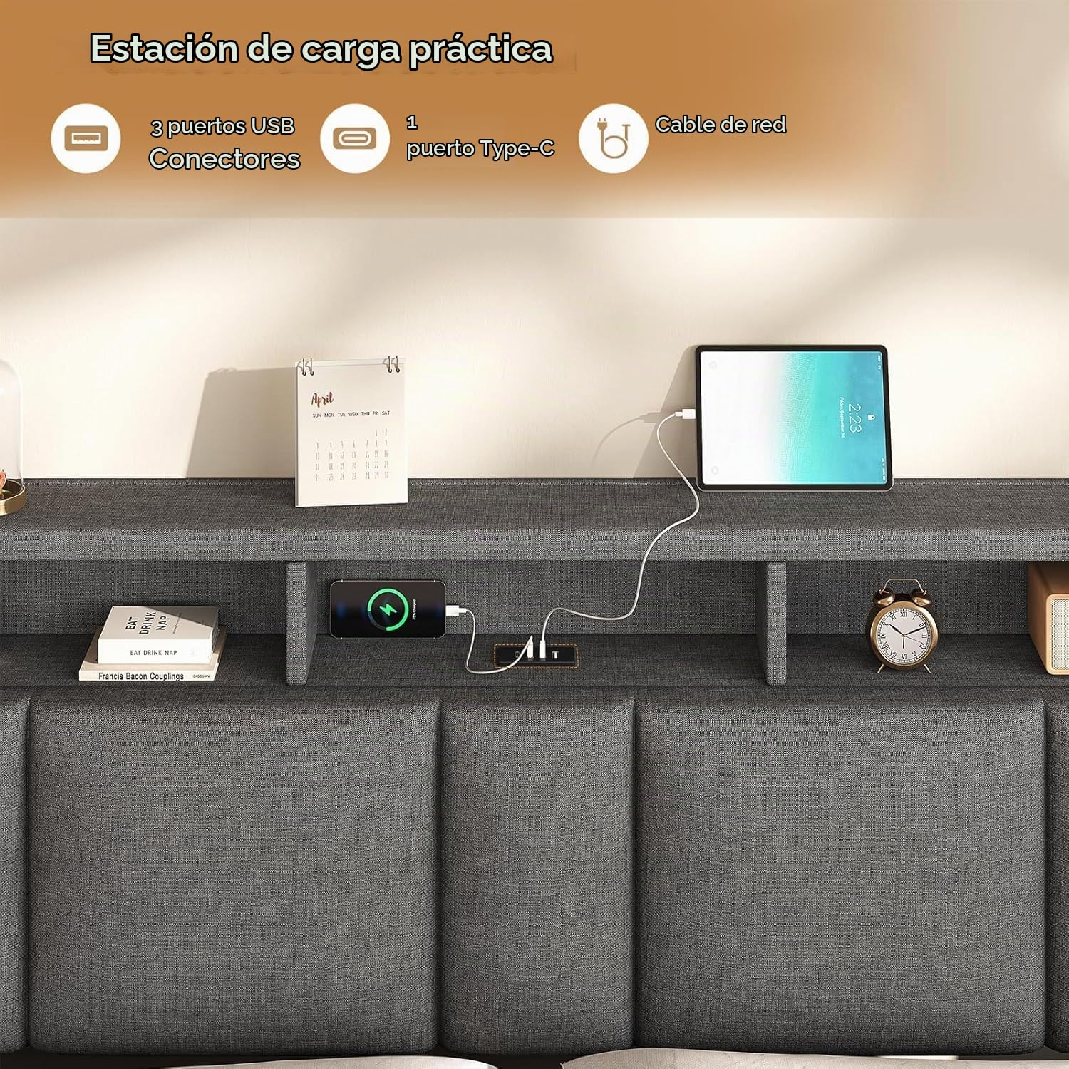 AOGLLATI Cama Canape con Diseño Hidráulico y Iluminación LED, Camas Matrimoniales 140x190 cm con Cabecero Tapizado y Espacio de Almacenamiento, Estructura Cama con Estación de Carga, Gris Oscuro