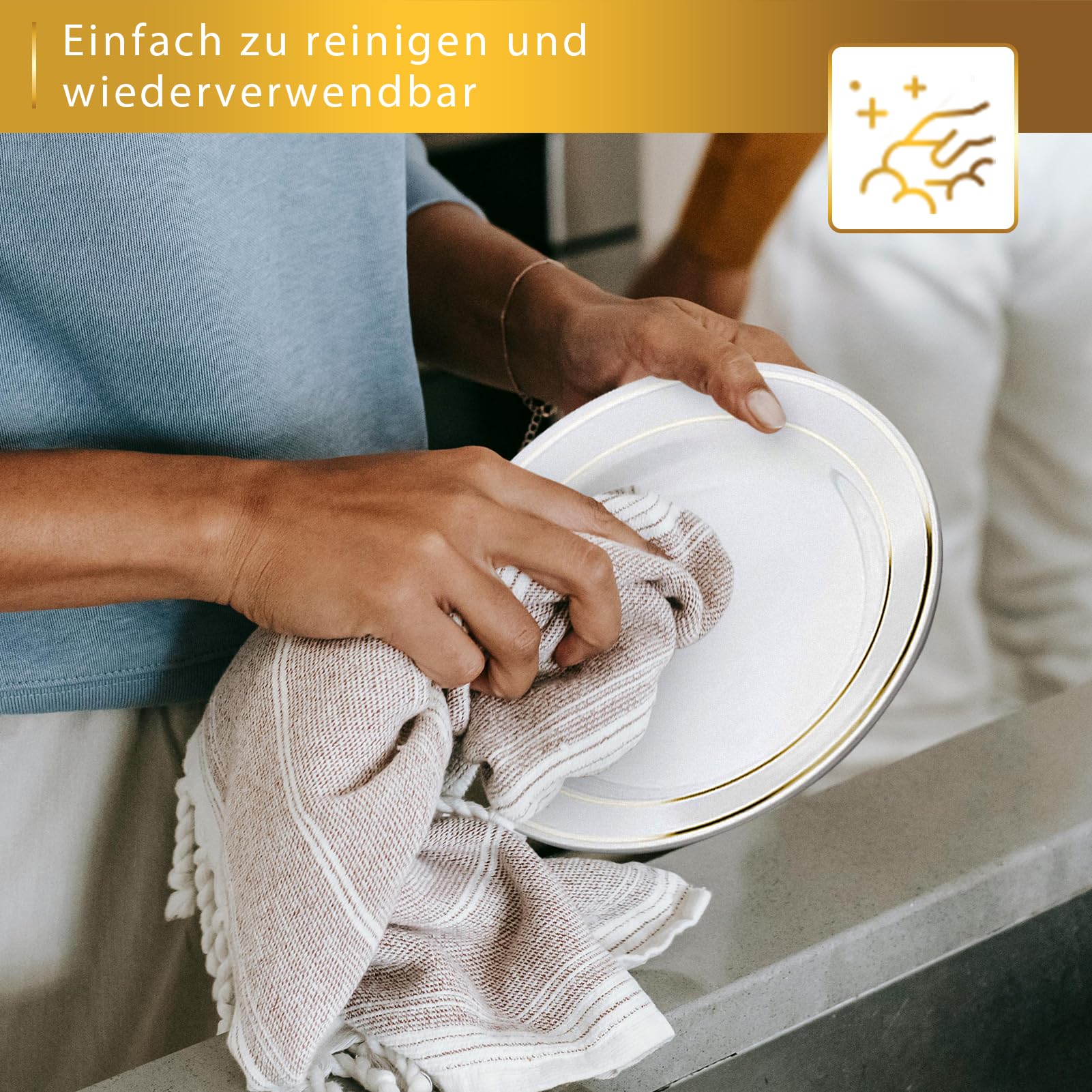 150 Stück wiederverwendbares goldfarbenes Kunststoff-Set, 25 flache Teller, 25 Salatteller, 25 Messer, 25 Gabeln, 25 Löffel, 25 Tassen, für Hochzeit, Garten, Party
