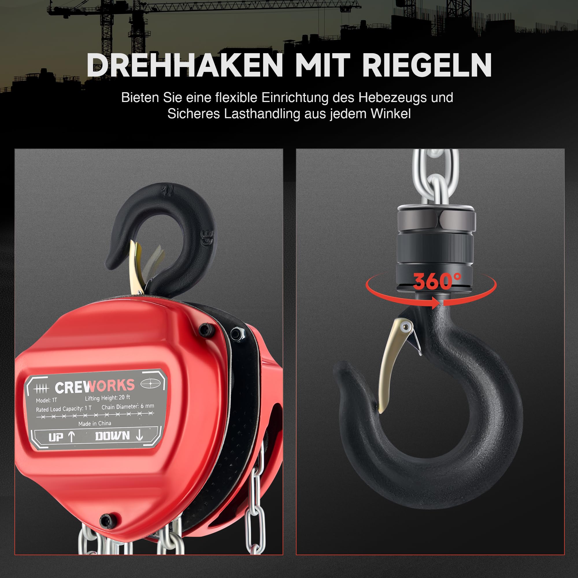 CREWORKS 1T Kettenzug Handseilwinde 6m Hubhöhe 1000kg Tragkraft G80-Lastkette Hebelzug Ratschenzug