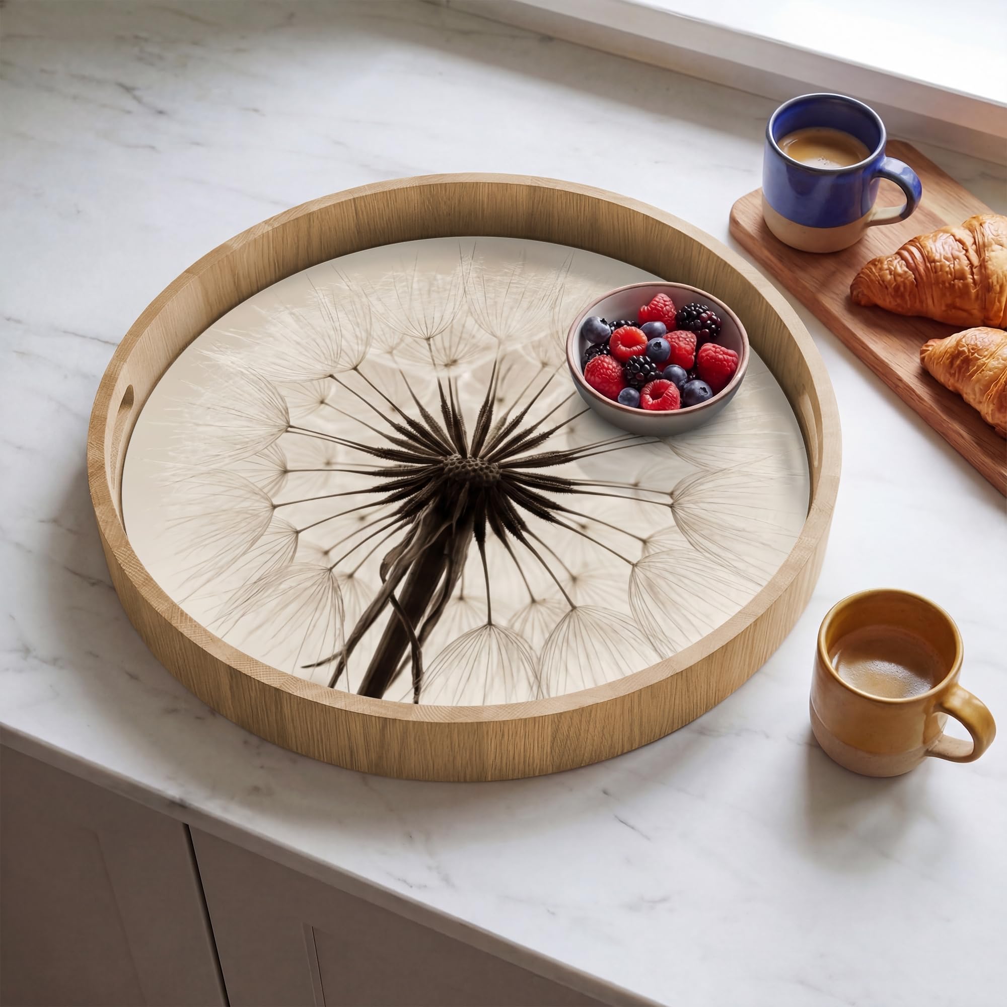 Tablett Rund 50x50 cm Serviertablett rutschfest Griff Küchentablett Servierplatte Eiche Holztablett Hitzebeständig Kaffeetablett Pusteblume - Minimalistisch - Weiß