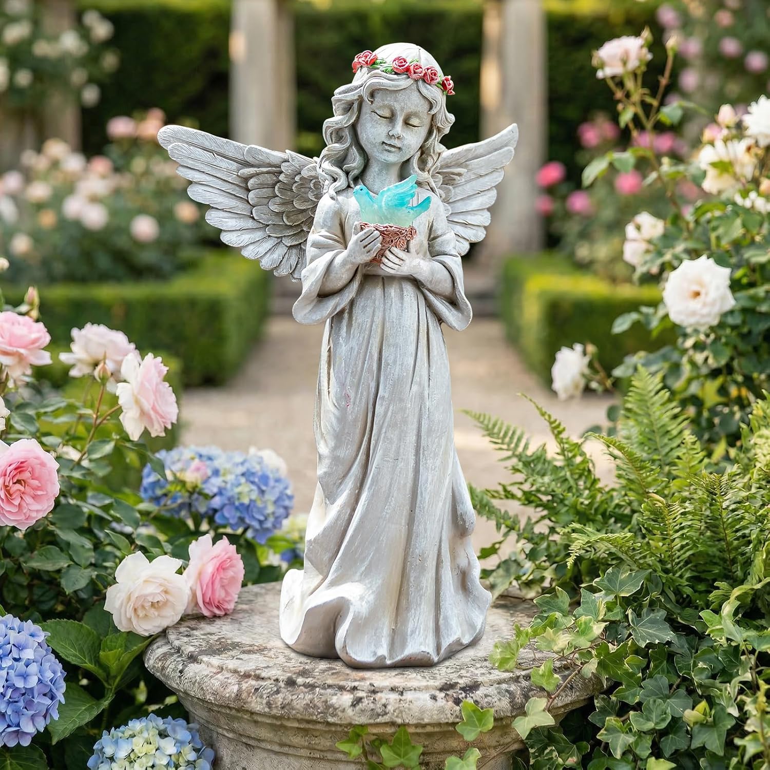 Angel Garden Statue Outdoor Decor, Angel Garden Figurine Hold Dove with Solar Lights Waterproof Resin Yard Art Decoration Lawn Ornament Sculpture for Outside Patio Yard Gift
