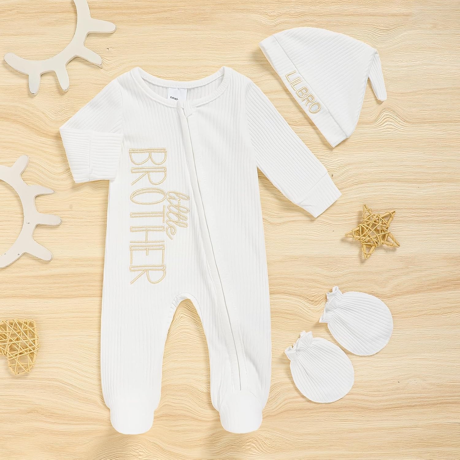 Newborn Baby Boy Outfits Zippered Romper Letter Embroidered Coming Home Jumpsuit with Hat Mittens - Image 2