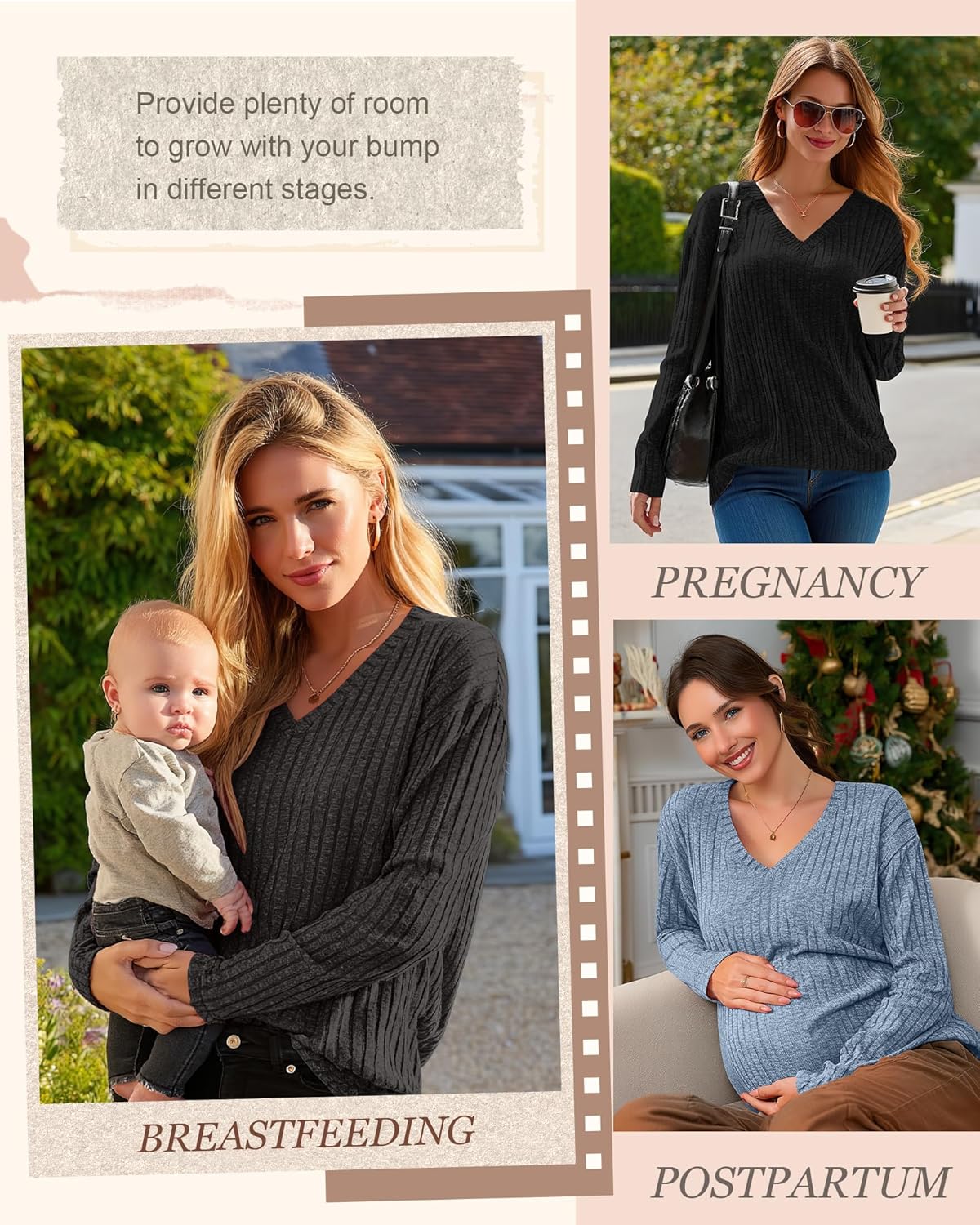 3 Pack Oversized Women's Maternity Nursing Tops Vneck Breastfeeding Sweaters Long Sleeve Hidden Zipper Shirt - Image 3