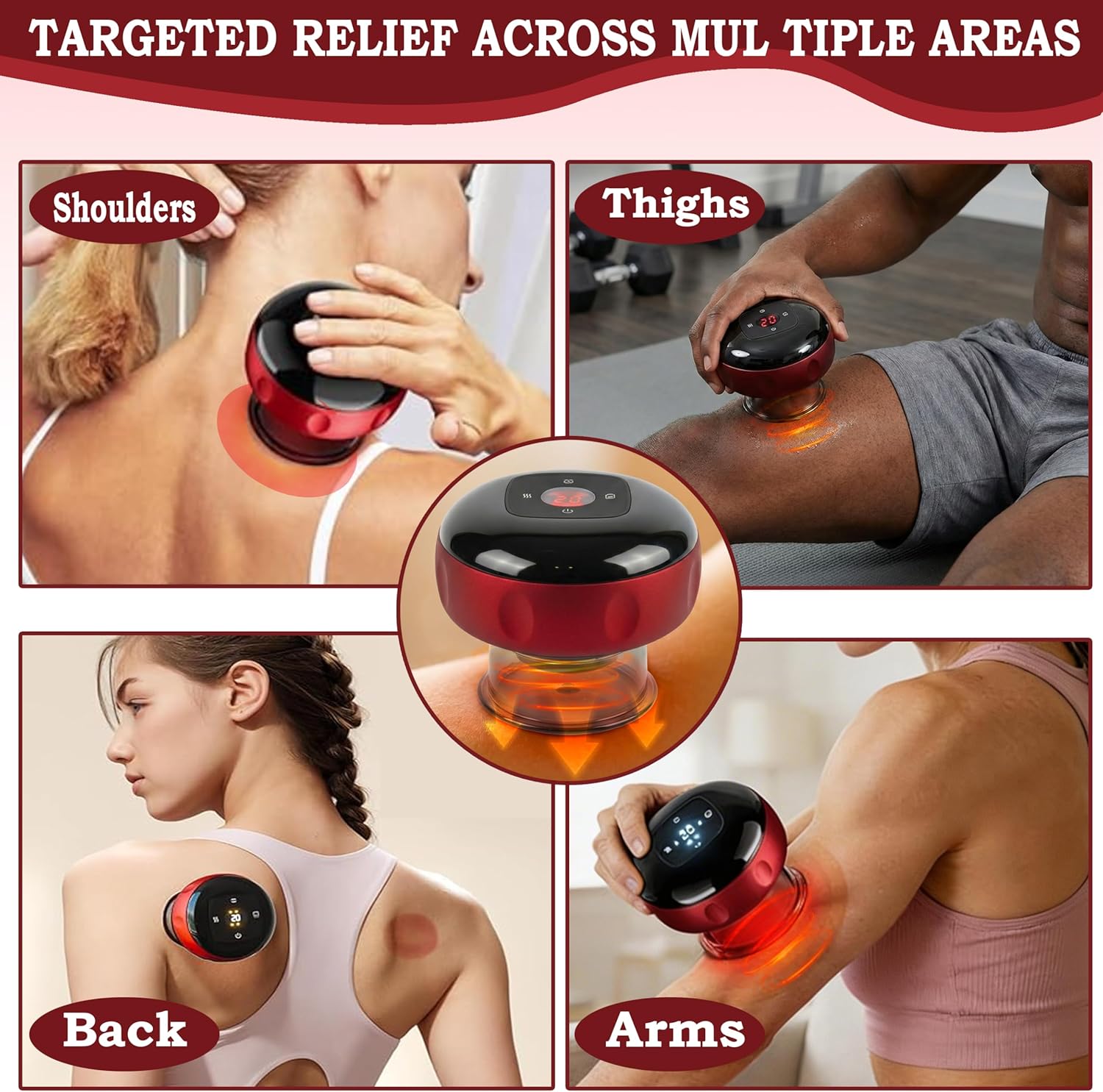 Electric Smart Cupping Massager with Red Light & Heat, 7‑in‑1 Device for Pain Relief & Deep Tissue Massage, USB Rechargeable, 12 Adjustable Suction Levels, Suitable for Multiple Body Parts