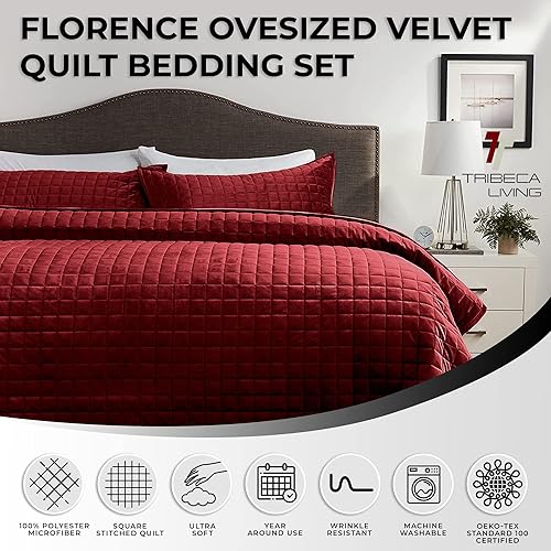 Miniatura 3 de Tribeca Living FLORENCEQUIKISI - Juego de acolchado Florencia, de terciopelo, sólido, tamaño grande), Burgundy, gemelo