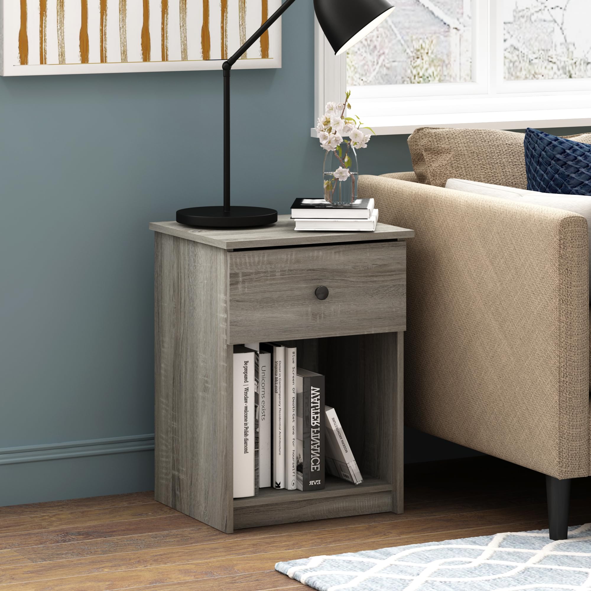 Furinno TIDUR Night Stand, Nightstand with Drawer, Bedside Table, End Table, Side Table with Storage Shelf, Knob Handle Drawer, for Bedroom, Living Room, Grey Oak