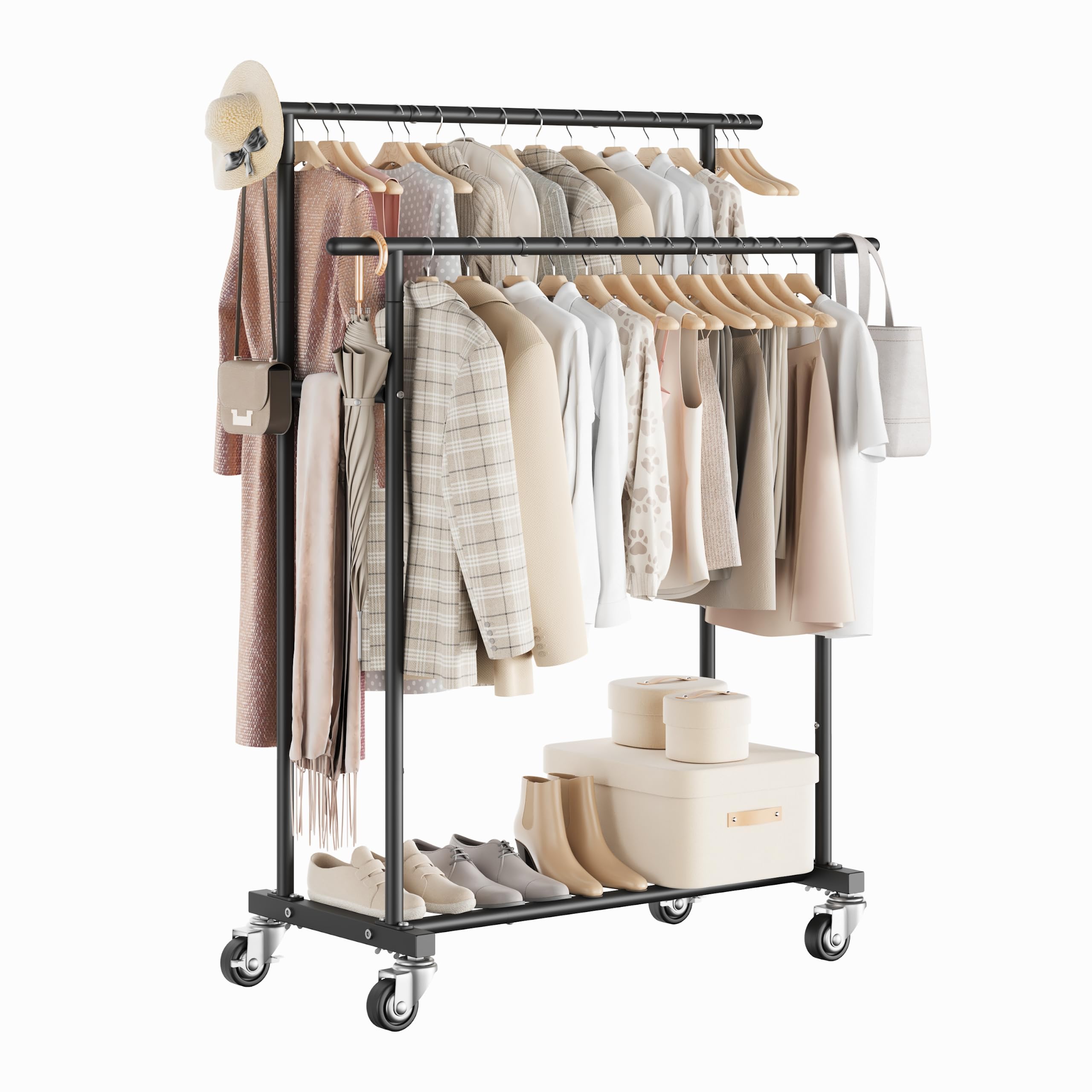 Calmootey Portant à vêtements à double tringle, porte-vêtements à roulettes, organiseur de vêtements portable pour chambre à coucher, salon, magasin de vêtements, noir | Tiges haute-basse, deux roues verrouillables, cadre en métal robuste, gain de place,
