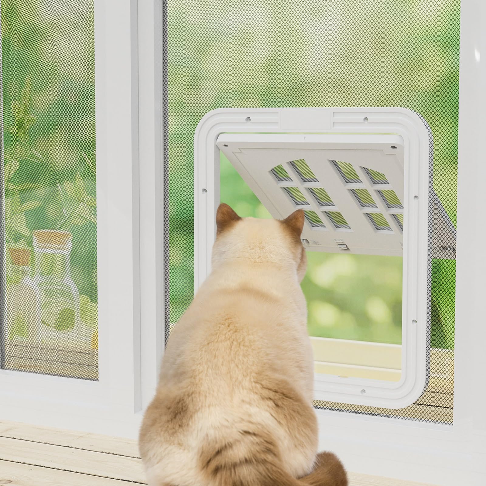 hundeklappe Fliegengittertür mit Eingebautem Netz, Abschließbare Hunde-Klappe für Eingangsbereich/Balkon/Durchgang/Terasse/Mieter(White,S)