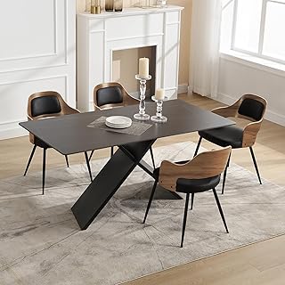 BFZ Mid-Century Modern Dining Chairs Set of 4, Upholstered PU Leather with Walnut Bentwood Back and Metal Legs for Kitchen Dining Room