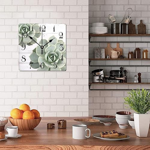 Miniatura 4 de Reloj de pared cuadrado de madera con plantas suculentas, duradero, funciona con pilas, reloj de pared de madera antigua para dormitorio, cocina,