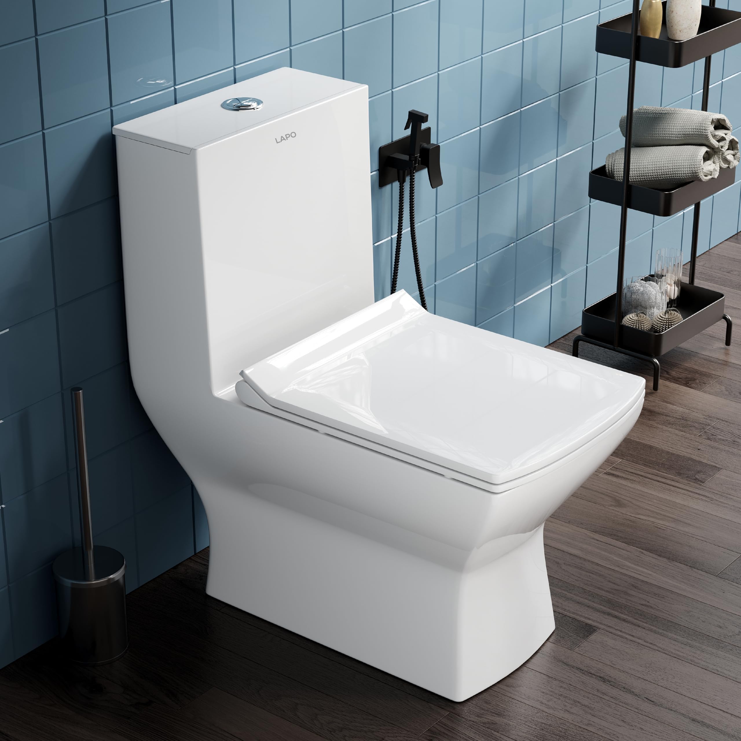 LAPO Ceramic European Toilet/Commode with Dual Flush Systems | Soft Close Toilet Seat | Floor Mounted | Water Saving | S Trap Outlet Clog Preventing Design | 10 Year Guarantee (White-9 Inch) โ SDY