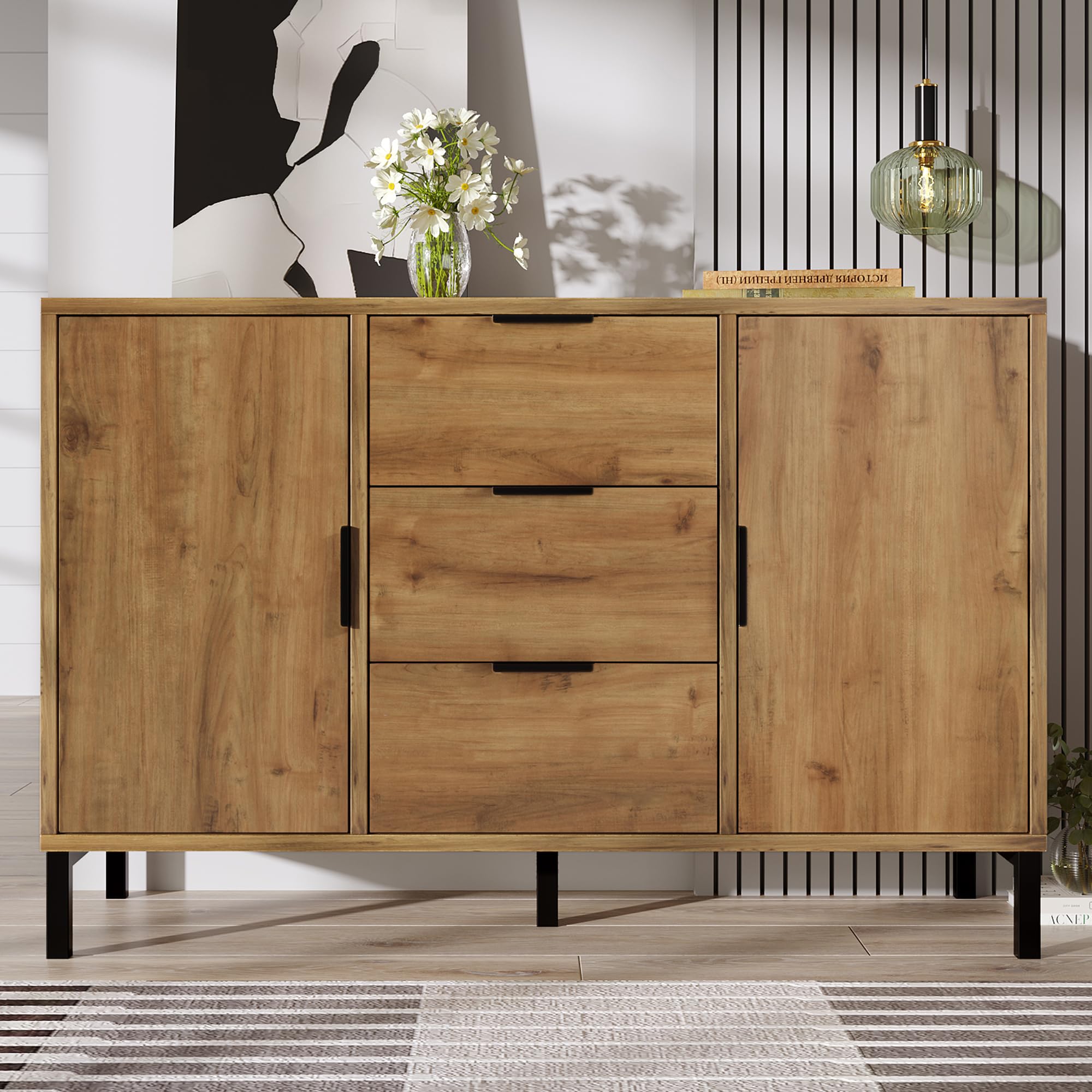 Buffet à 2 portes et 3 tiroirs, commode avec étagère réglable en hauteur, haut au design industriel, armoire polyvalente pour chambre ou salon, 120 cm de large