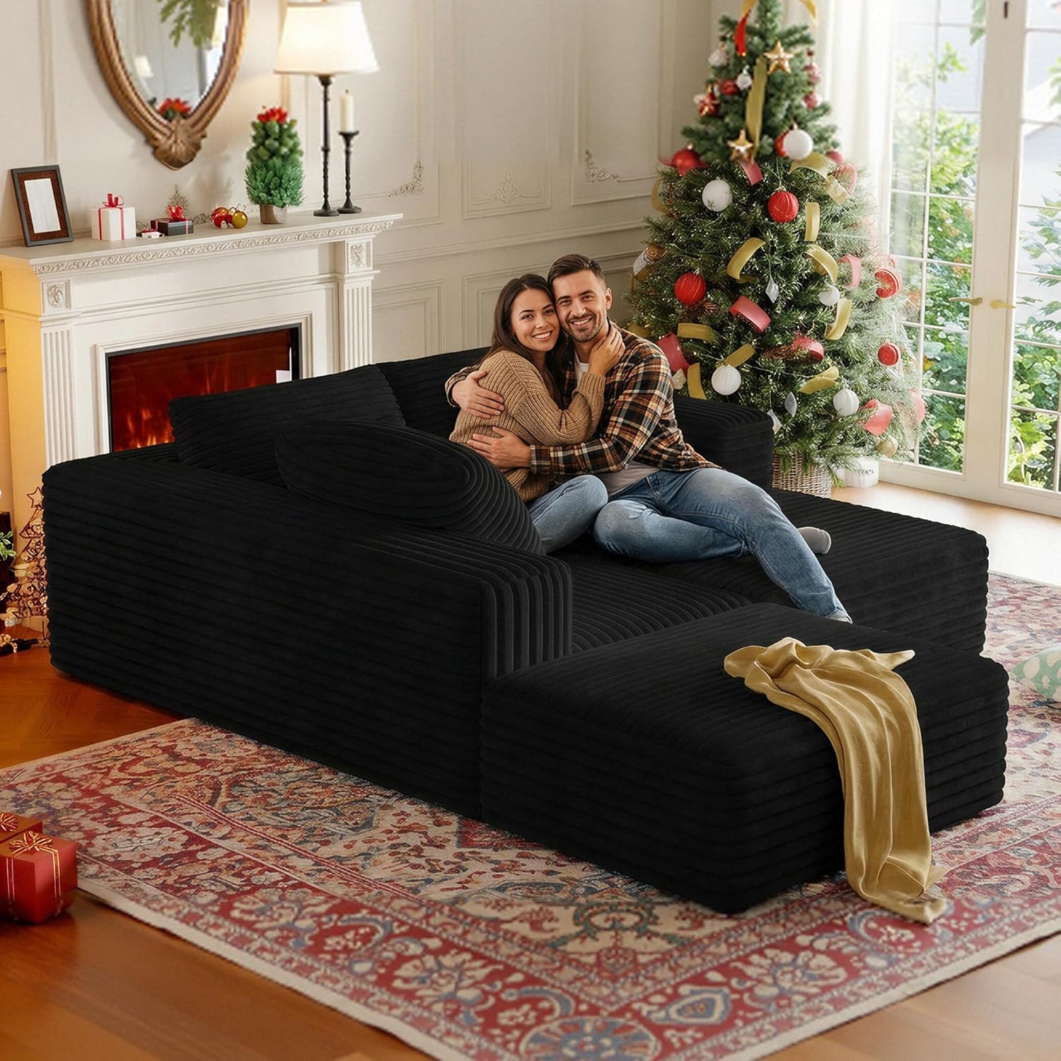 CHORRO107''Sectional Cloud Couch for Livingroom,Modular Corduroy Boneless Couch, U-Shaped Sofa with Chaise and Pillows,4-Deep Seat Sectional Sofa with 2 Ottoman,No Assembly(Black)