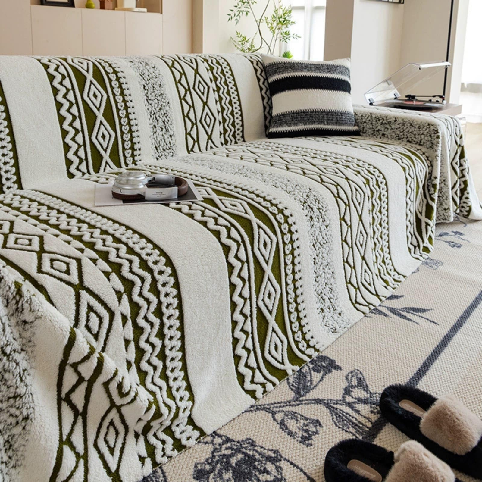Housse de canapé douillette en peluche style ethnique vert foncé de 180 x 340 cm pour salon