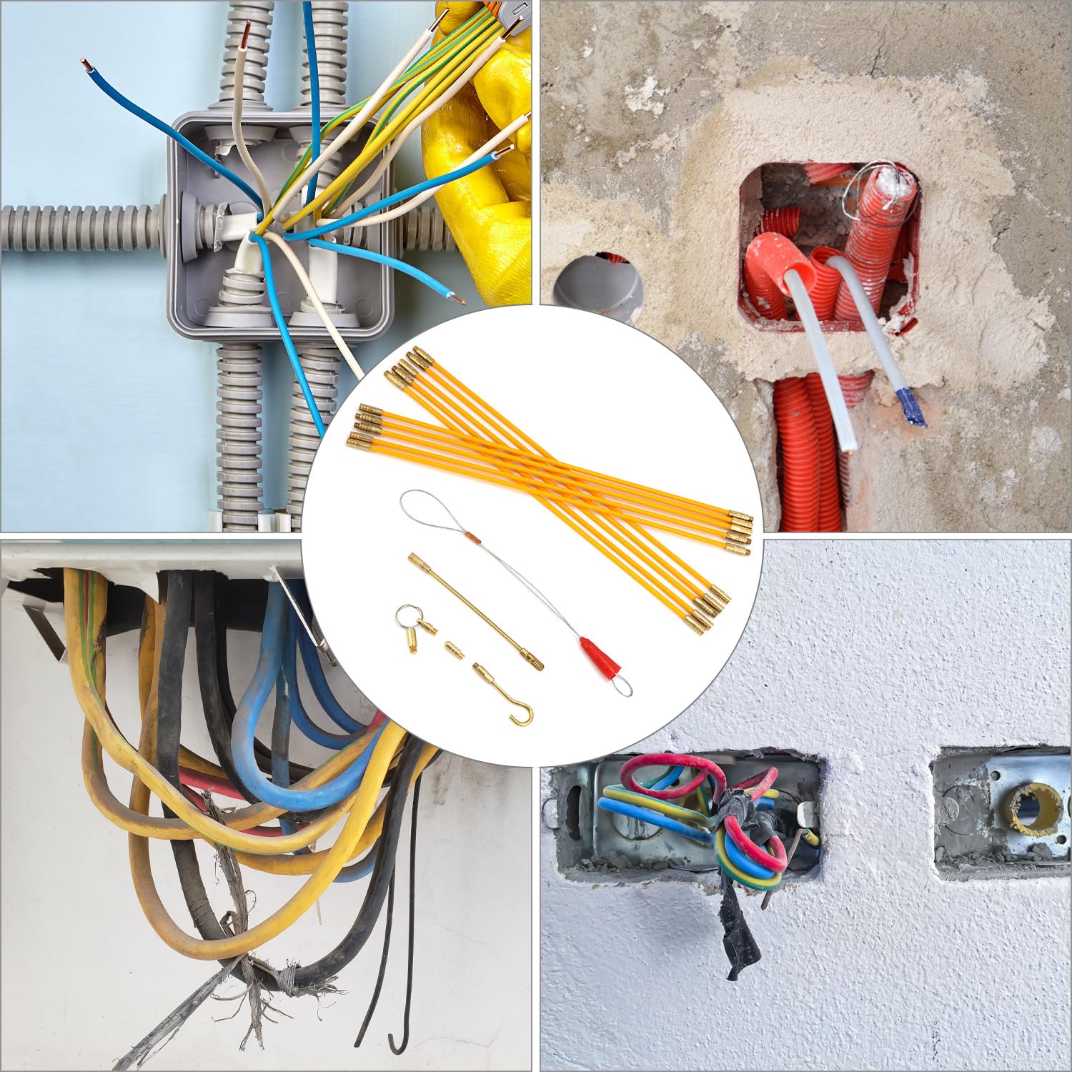 QWORK® 10 Piezas Guia Pasacables Fibra de Vidrio, Extractor de Cables con Gancho, 33 CM Juego de Varillas de Cable