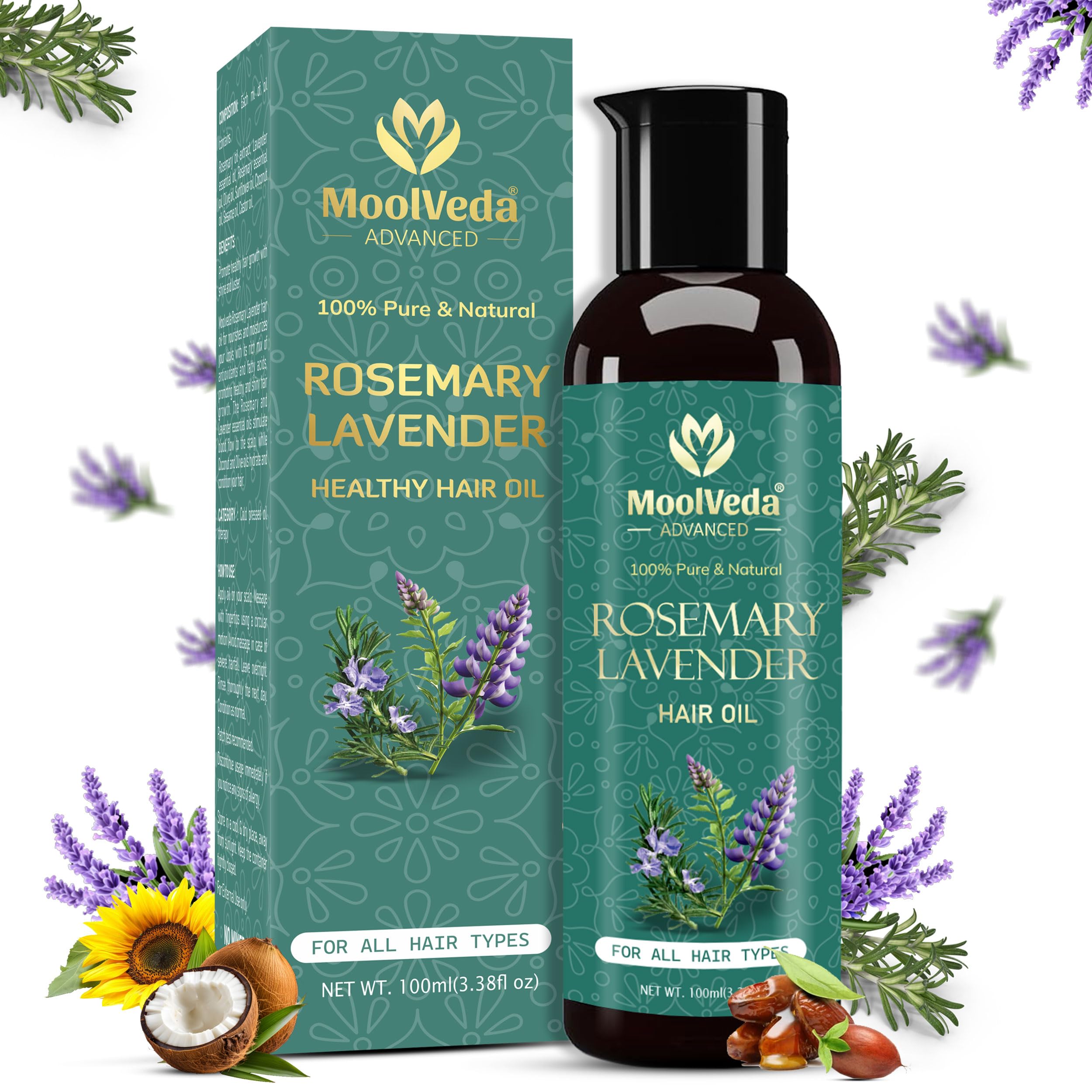 Moolveda Rosemary Lavender Hair Oil For Healthy Hair, Scalp Nourishment, Hair Growth - 100% Pure & Natural Undiluted Cold Pressed Oil, 100ml
