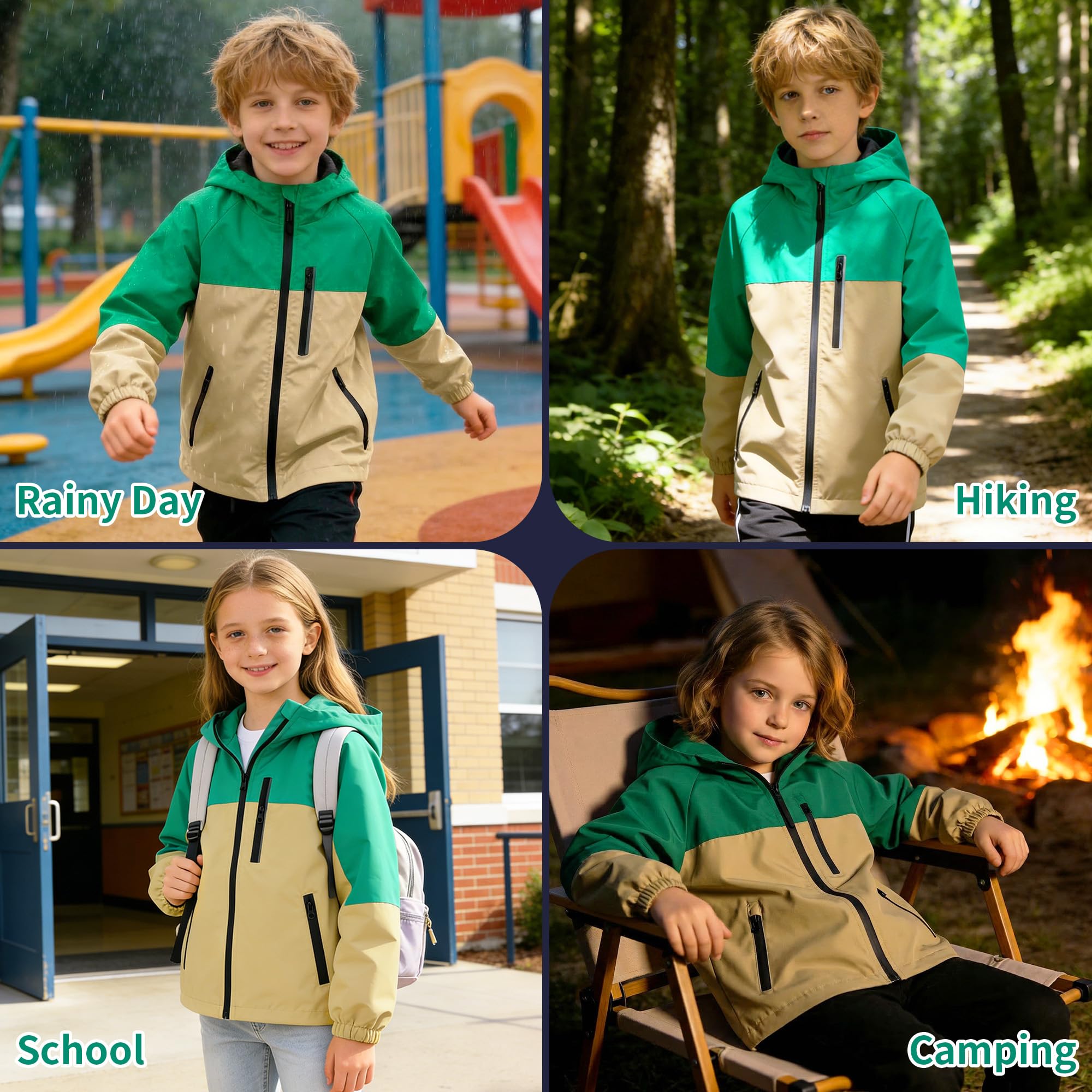 Chaqueta Impermeable Infantils, Chubasquero con Tiras Reflectantes y Bolsillos Cremallera, Ligero Cortavientos con Capucha, Ropa Abrigo Niñas Niños Exterior Escuela para Edad 5-13