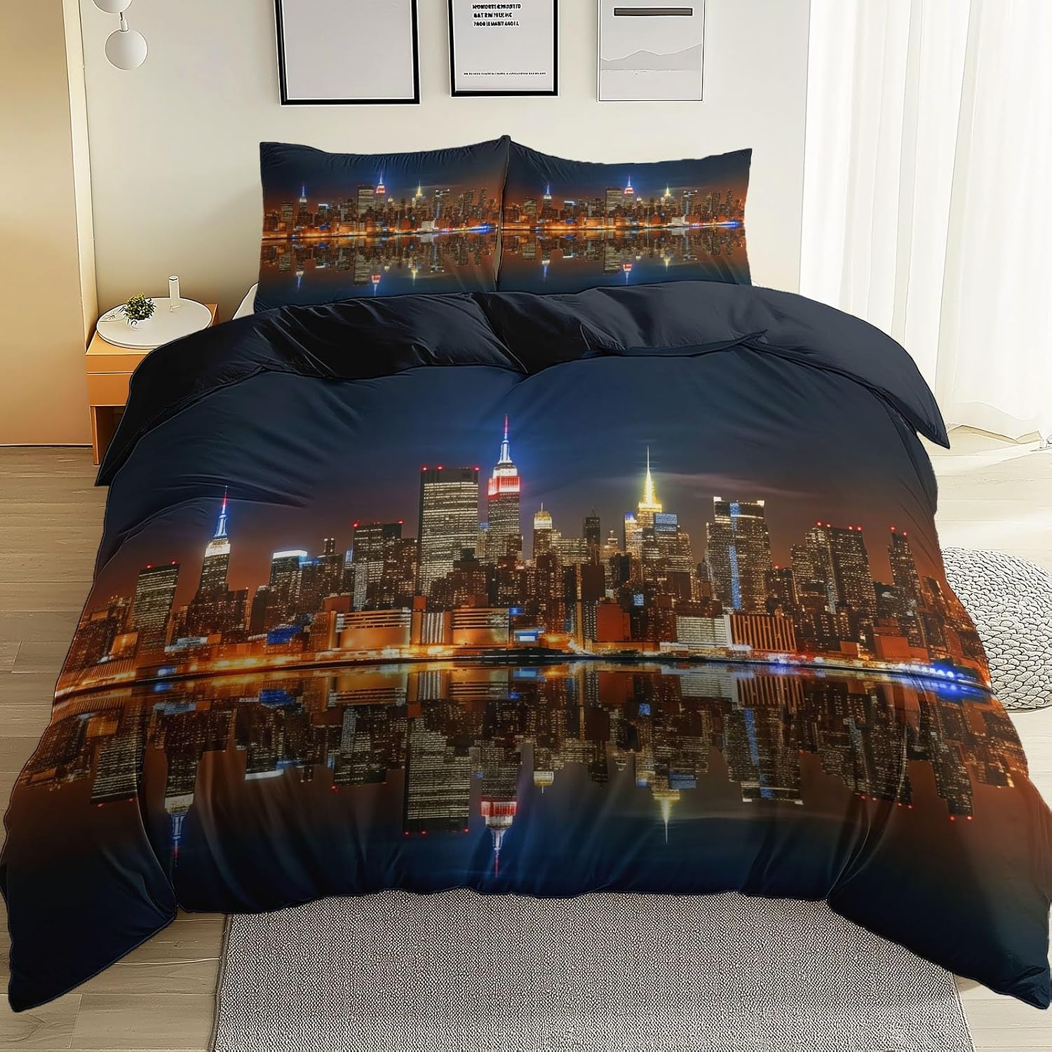 3PCS Black Duvet Cover Set, Modern Skyscraper Landscape Pattern Bedding with Zipper Closure, Duvet Cover Full Size Print for Girls Kids and Teens Home Décor