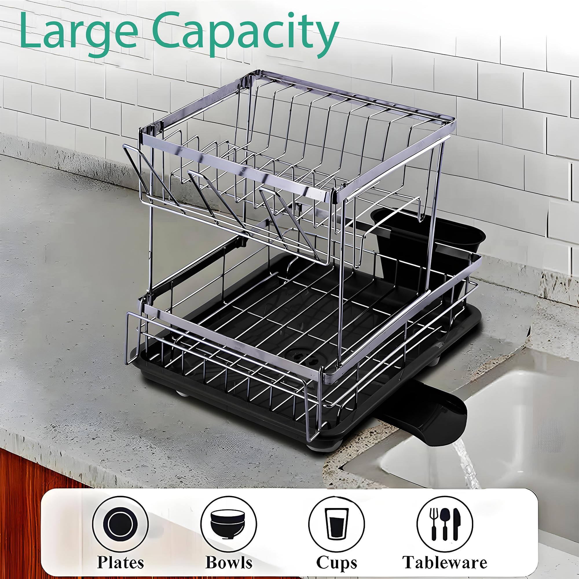 Kuber Industries Stainless Steel 2-Tier Kitchen Dish Drainer Rack with Removable Drain Board | Dishwash Organizer | Utensils Drying Rack with Drainer Tray | Vessel/Bartan Stand for Sink | Black - Image 6 thumbnail