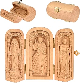Wooden Portable Altar - Statue of Jesus, Virgin Mary and St.Joseph, Handmade Jesus Figurine Ornament, Christian Catholic Mini Triptych Altar Religious Gift 4 Inch