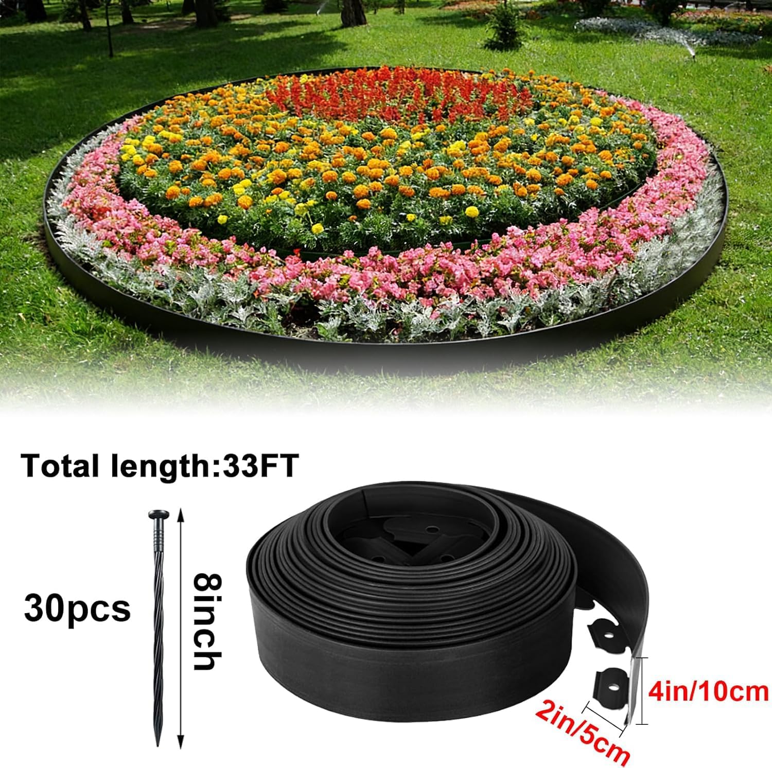 Landscape Edging 33FT,4IN High Landscape Edging,Garden Edging Border with 30 Spikes, Flexible Plastic No Dig for Flower Beds, Lawn, Yard & Pathway–Durable Garden Edging Kit(Brown)