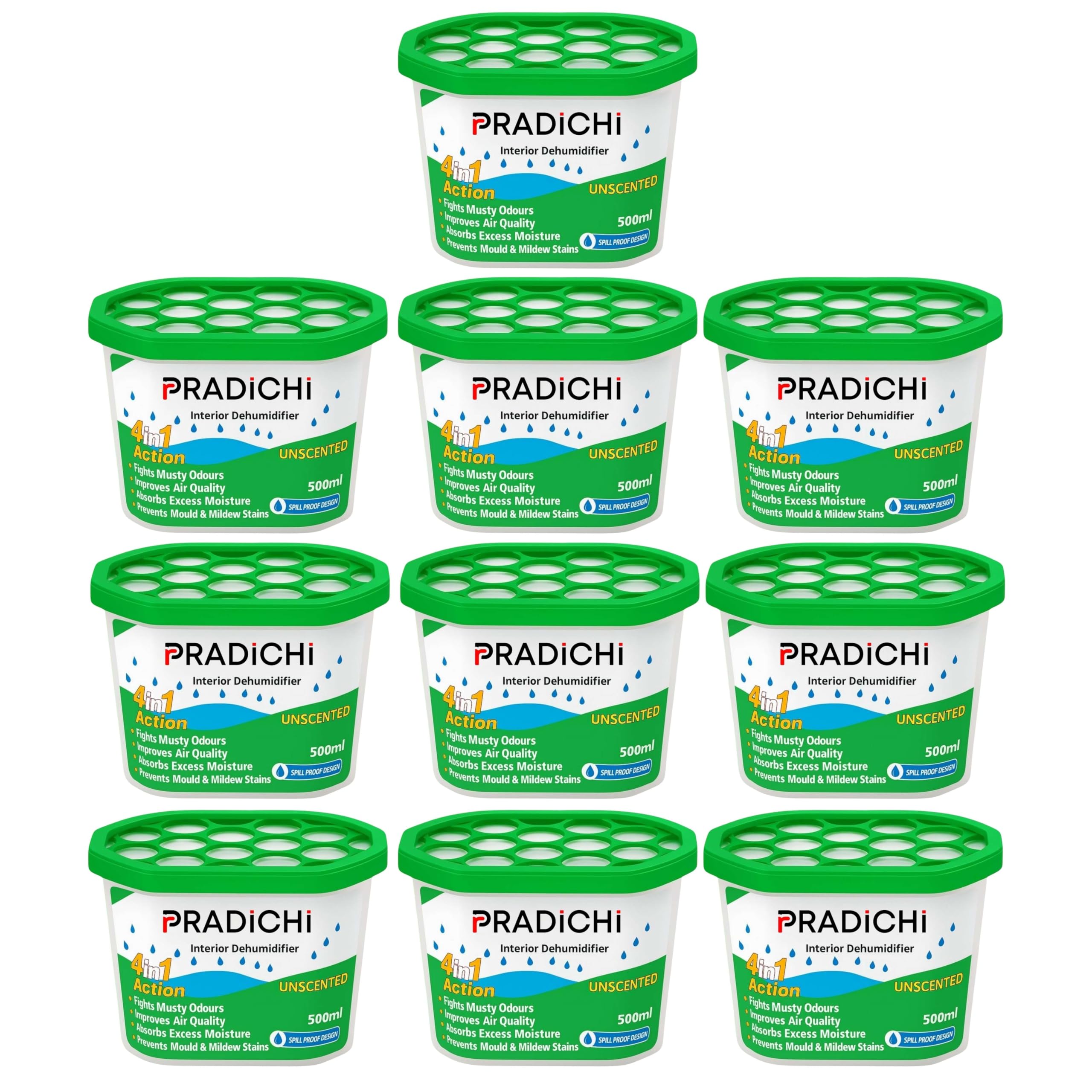 PRADICHI 10-Pack 500ml Interior Dehumidifiers – Moisture Absorber for Damp, Mildew, Mold & Condensation in Home, Kitchen, Bedroom, Wardrobe, Bathroom, Garage, Caravan, Basement