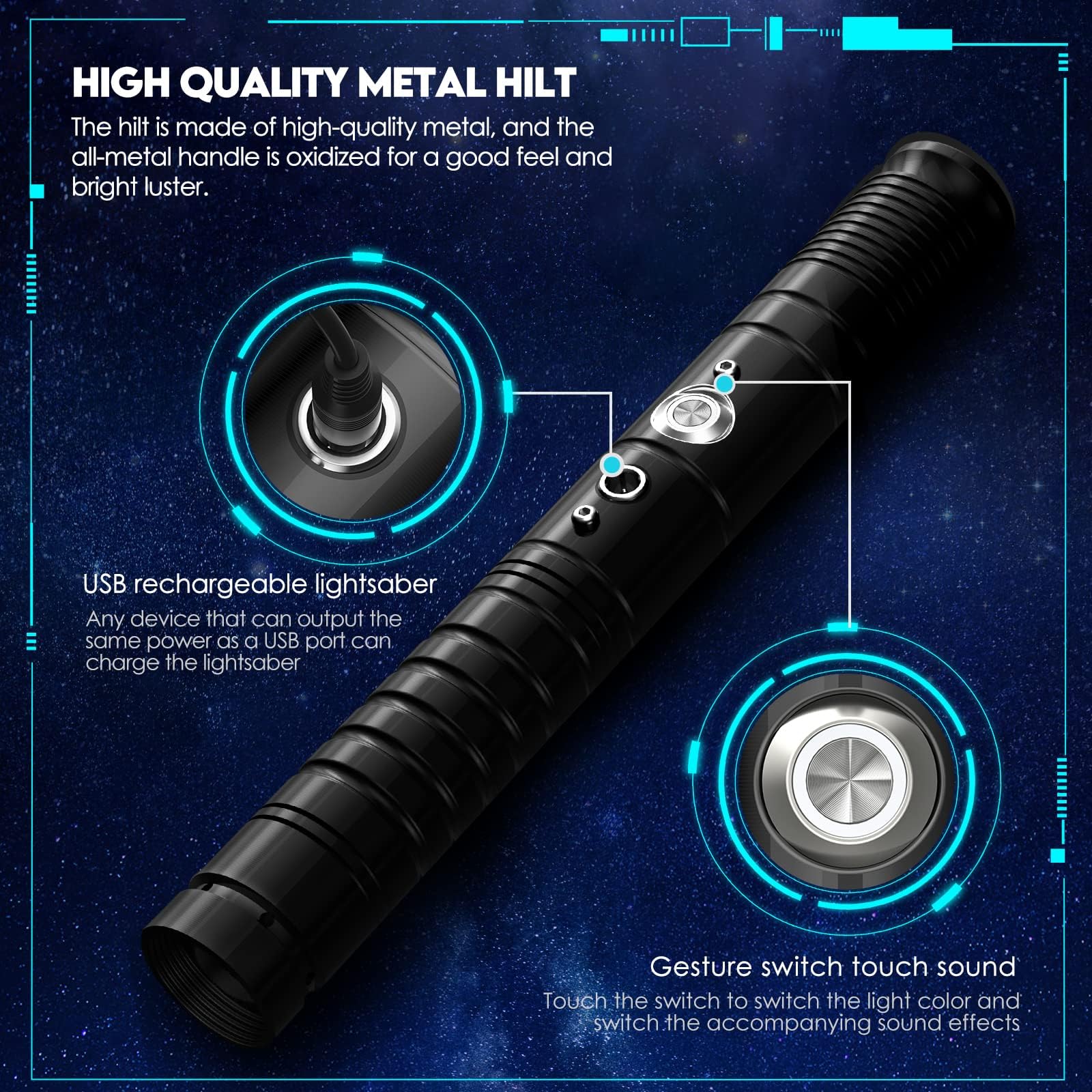 Lischwert Spada laser, RGB 7 colori, 3 modelli, spada laser, effetti sonori vibranti e combattimenti, giocattolo regalo e cosplay per bambini dai 6 anni in su, 77 cm, colore: nero