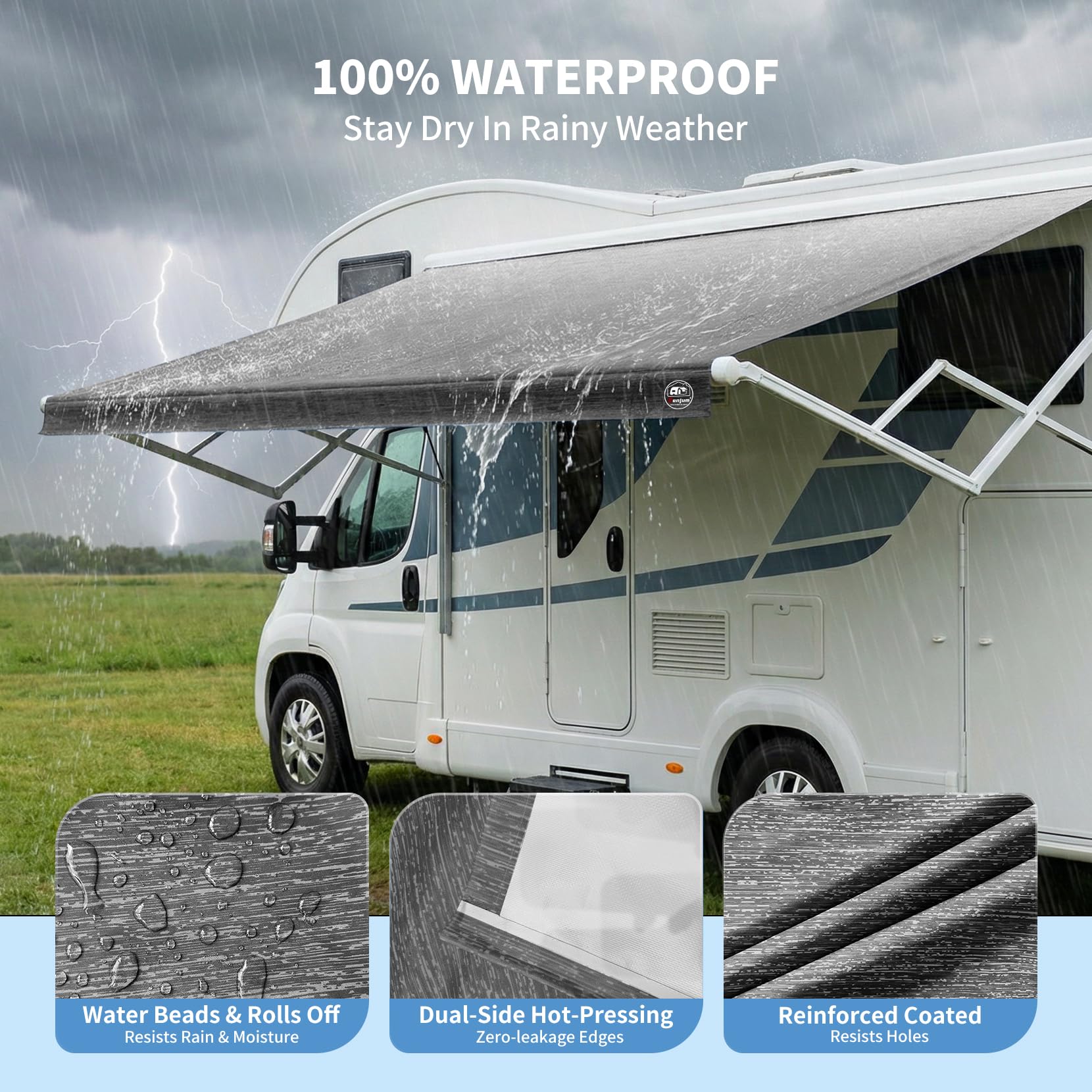 19.5oz Heavy Duty RV Awning Fabric Replacement, 5-Layer Rip-Stop No-Hole Vinyl Awning, Waterproof UV-Resistant RV Canopy for Camper, Trailer & Motorhome, Universal Fit 15FT (Fabric 14'2") - 5
