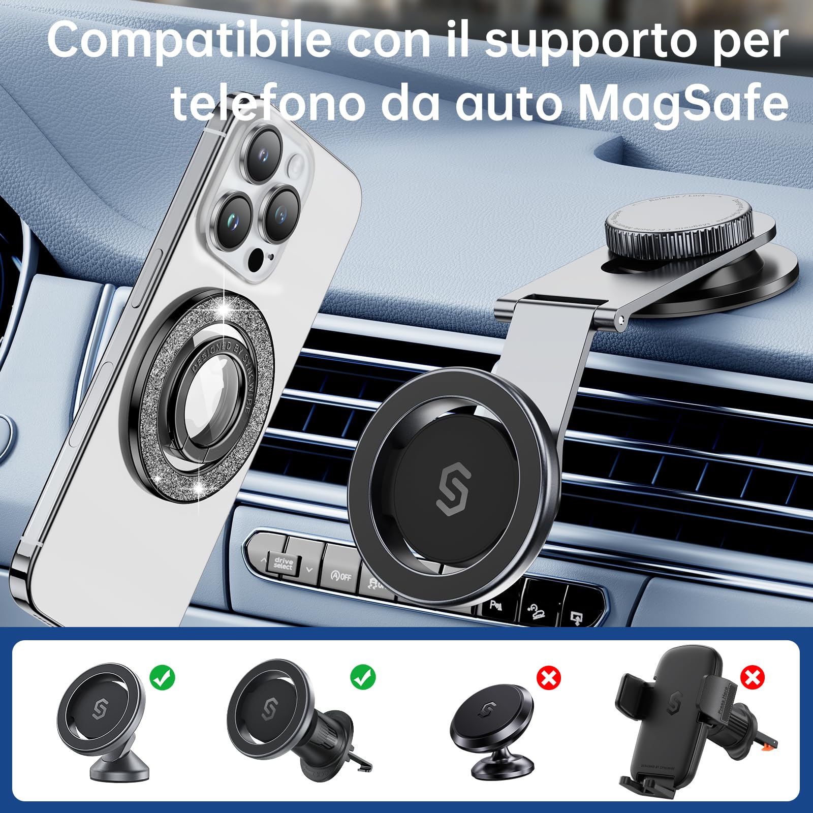 Syncwire magnetico supporto per anello del 360 ° Rotazione telefono anello magsafe compatibile con iPhone16/15/14/13 Altri Smartphone, luccichio supporto regolabile, presa confortevole- Diamante nero