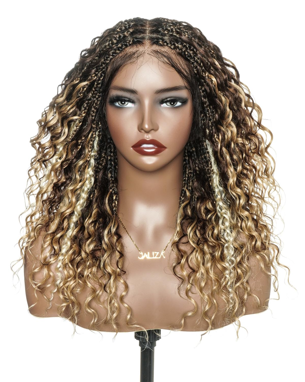 JALIZA 360 Full HD Lace Boho Box Braided Wigs for Black Women - Ombre Blonde Highlight 1B/4/30/27/613 - Pre-Cut 100 Strands Synthetic Braids with Human Hair Cur