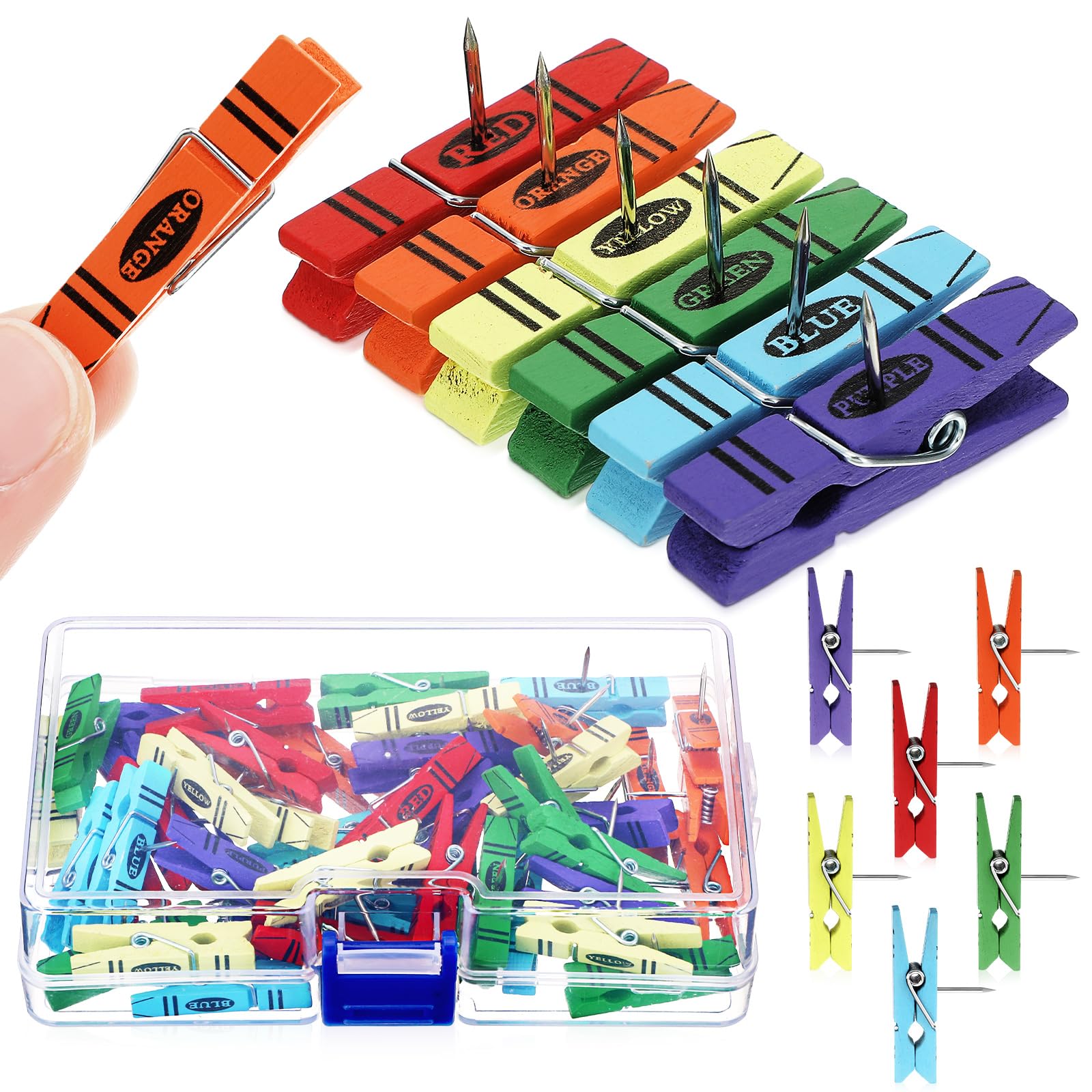 Cinnvoice 48 Pcs Push Pin with Wooden Clips Teacher Cork Board Artworks Decorative Pushpins Tacks for Classroom Photo Bulletin Board Clips for Back to School Supplies Teacher Gift (Crayon)