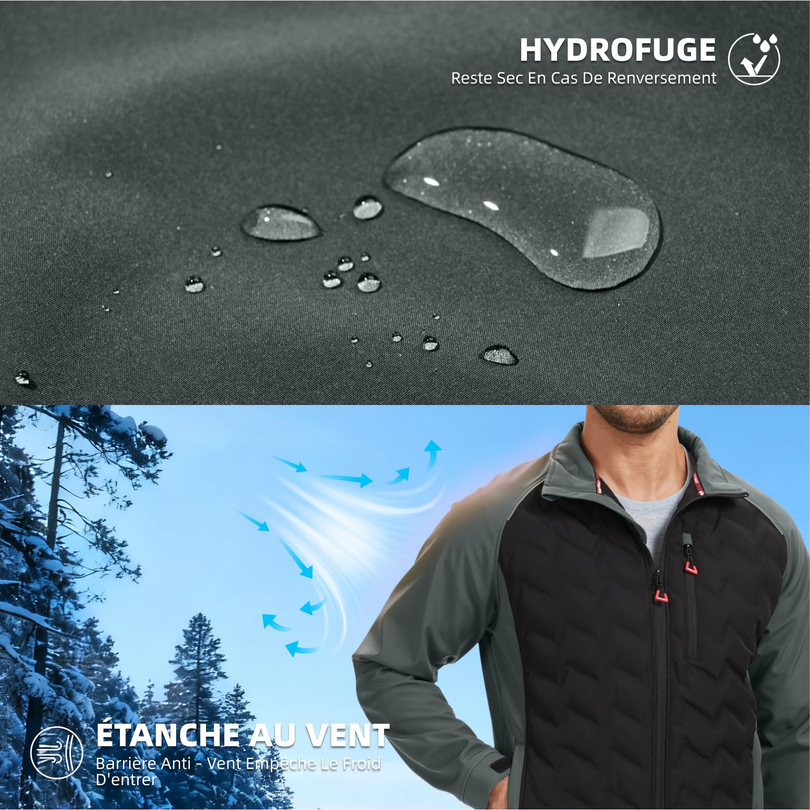 WORK IDEA Veste hybride imperméable à isolation thermique pour homme pour l'extérieur et la course à pied avec couleurs contrastées