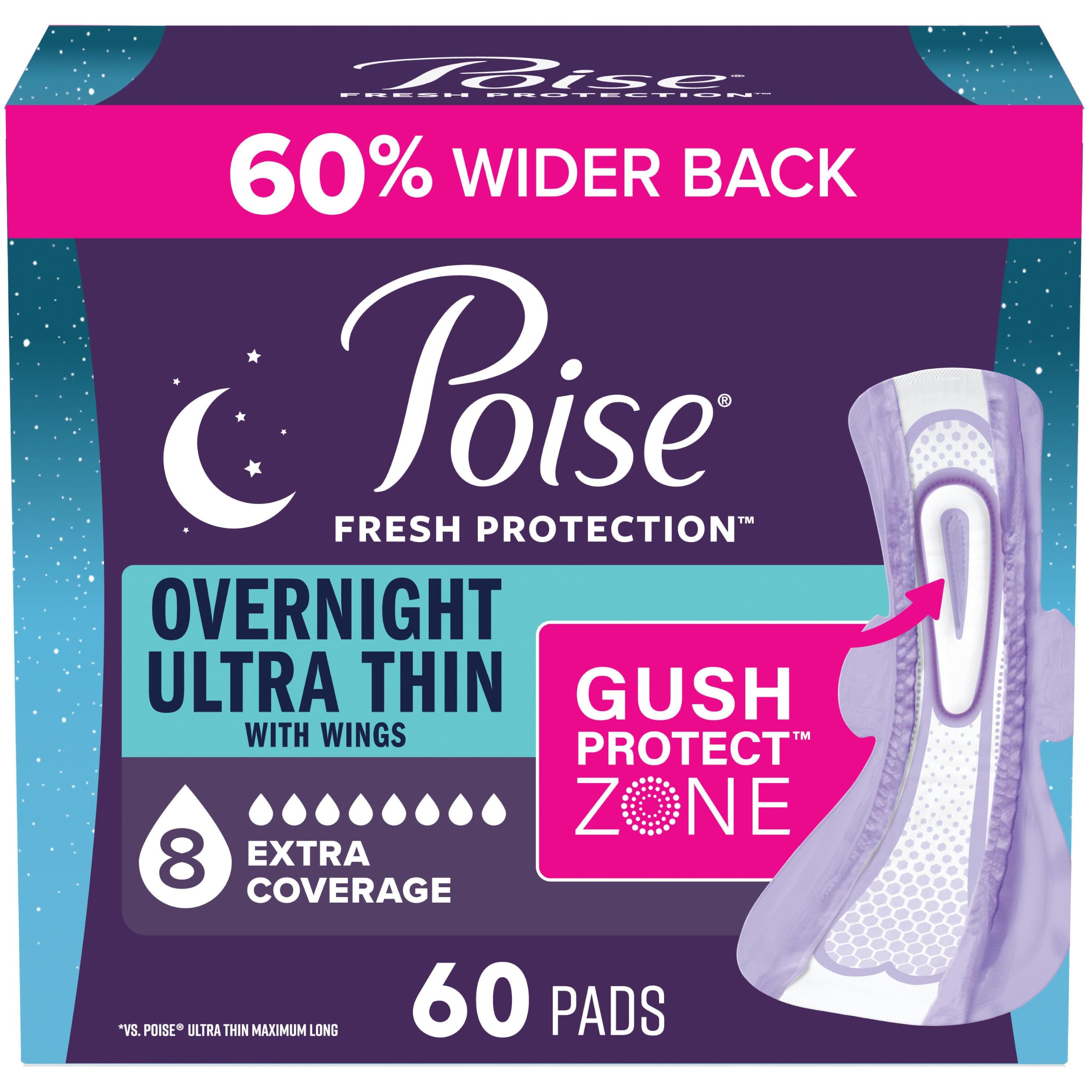 Photo 1 of Poise Ultra Thin Overnight Incontinence Pads, 8 Drop, Wings, Long, 60 ct
