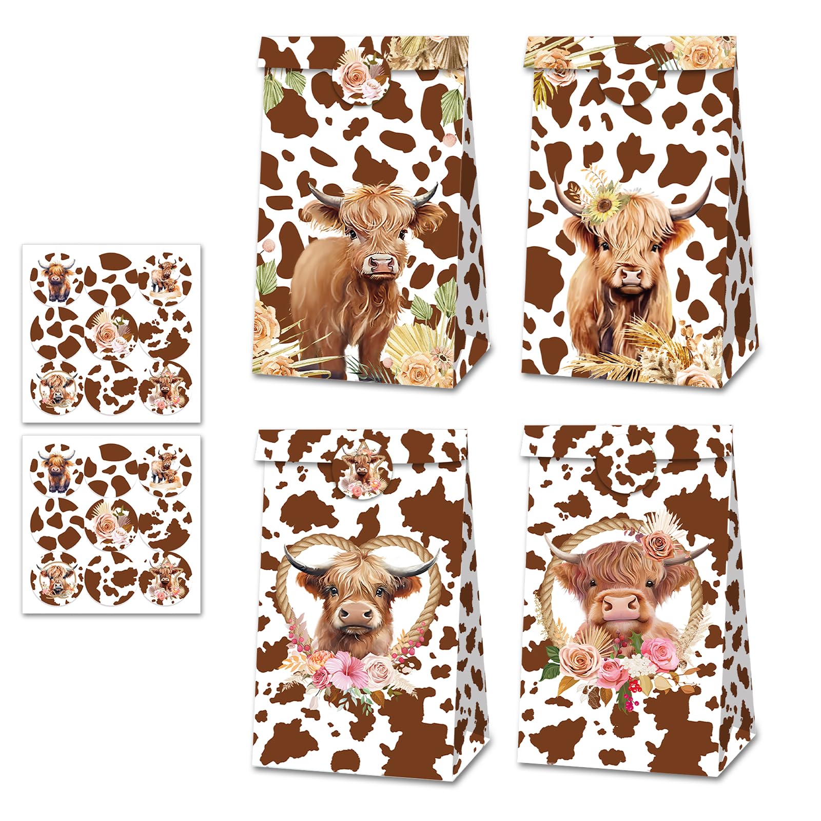 12 Pcs Highland Cow Gift Bags, Brown Kraft Paper Bags, Highland Cow Gift Bag with 18 Stickers, Highland Cow Wrapping Paper Style for Birthdays Festivals