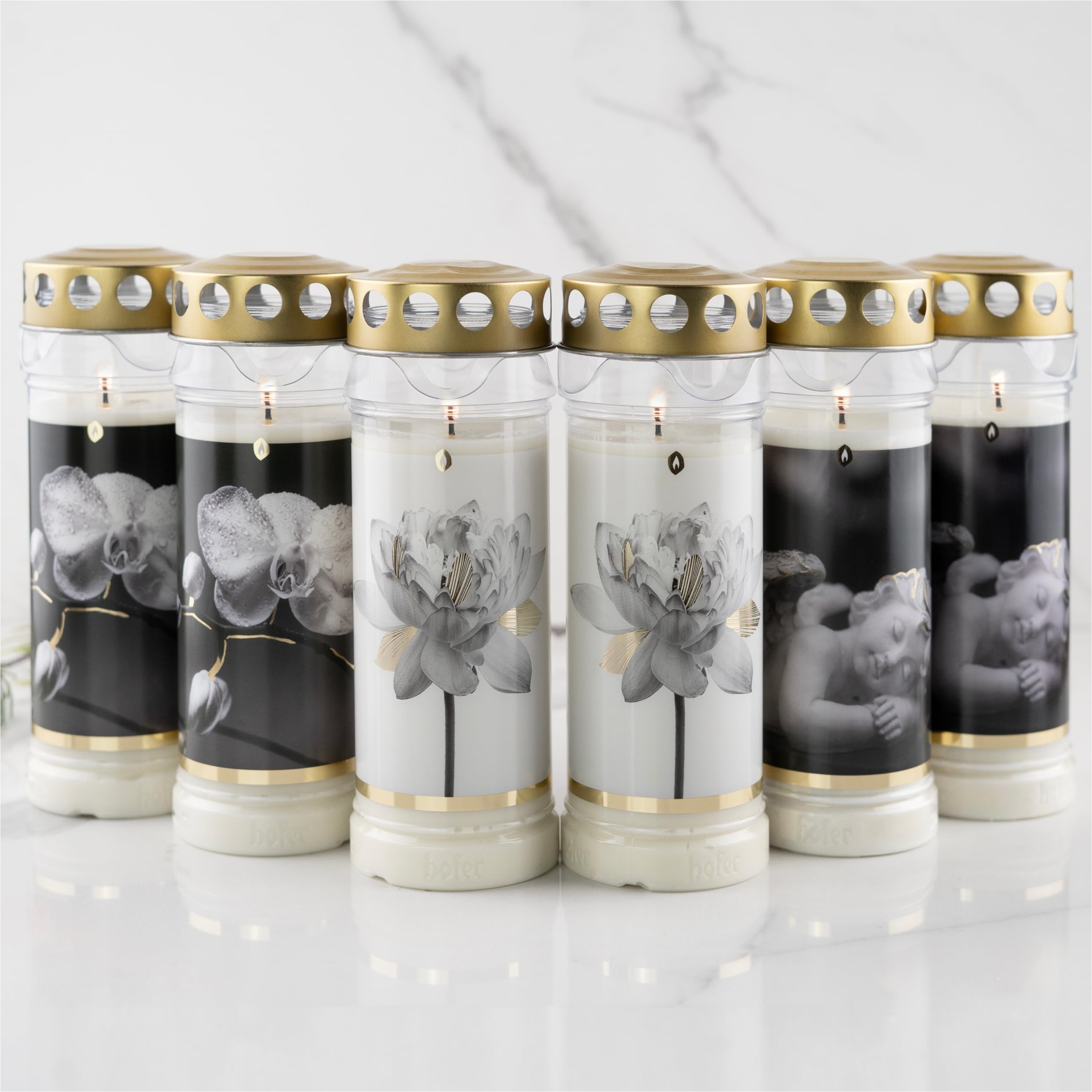 Set di 6 candele Hofer, durata 7 giorni – L'originale [Gold Select] resistente alla pioggia, candele con coperchio, luce per cimitero con motivo | decorazione funeraria
