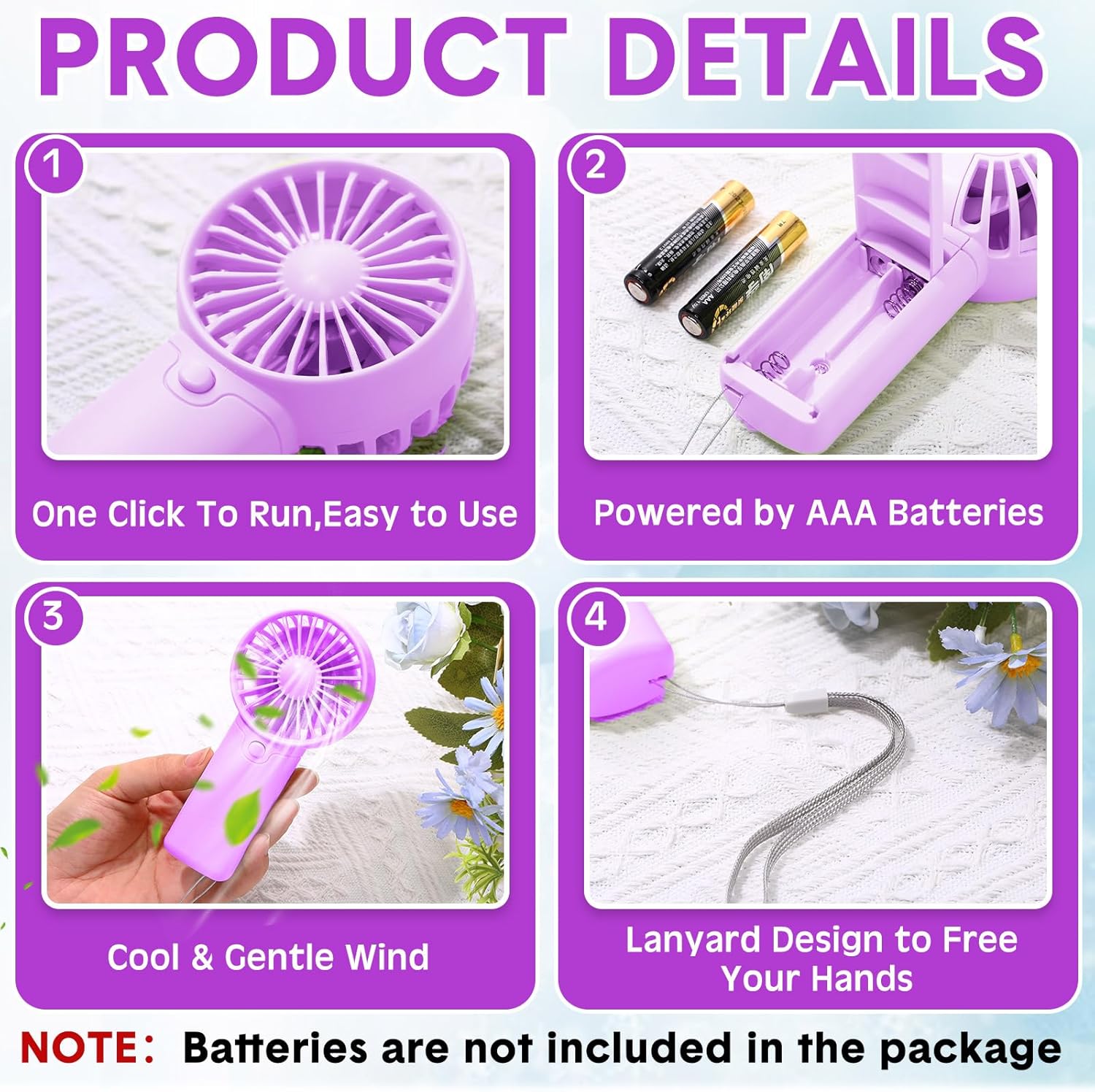 Rossesay 12 Pcs Mini Portable Fan Handheld Battery Operated Portable Small Personal Fans for Summer Beach Indoor Outdoor Travel Cooling Gift (Pink,Purple,Green)