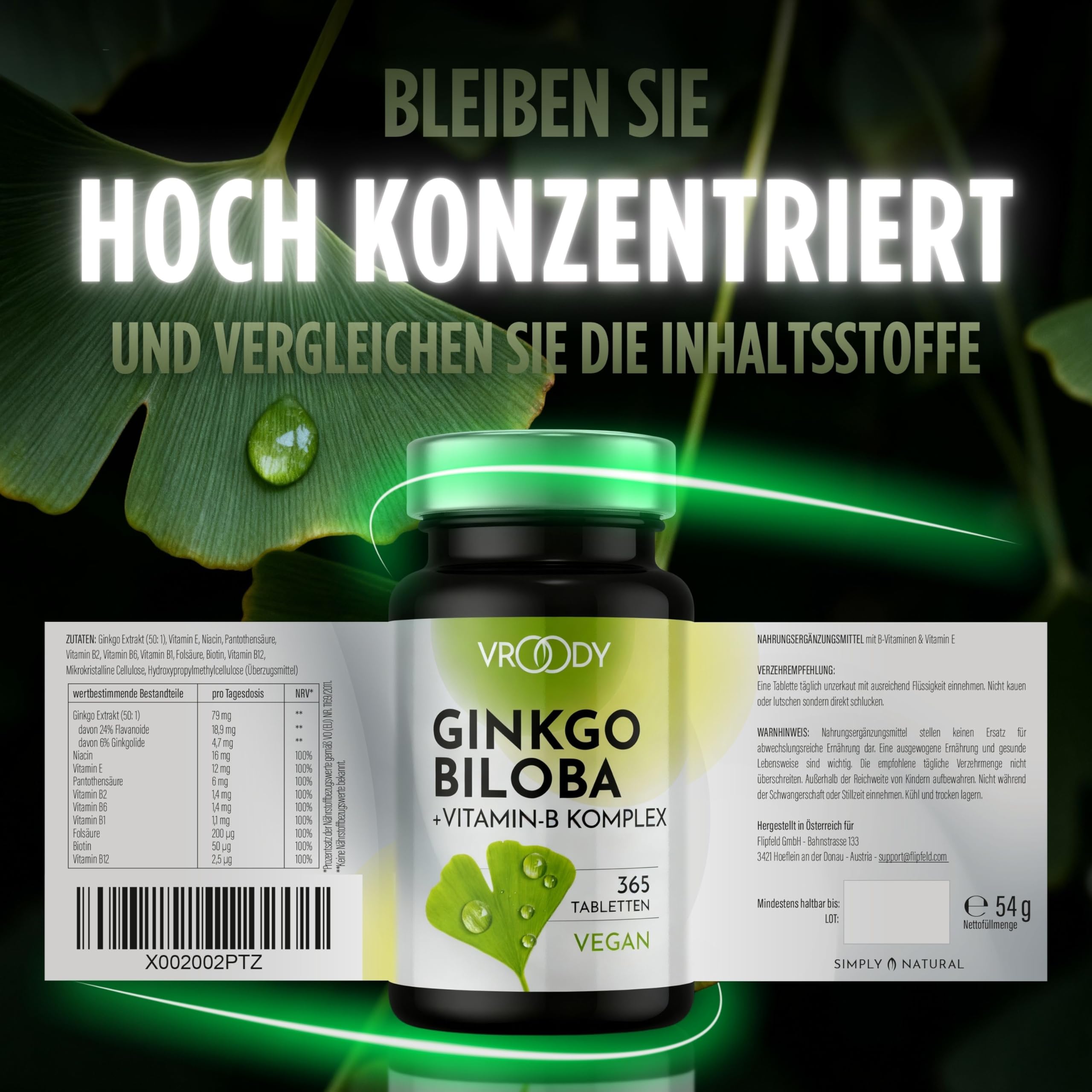 VROODY Ginkgo Biloba Extrakt hochdosiert - mit Vitamin B12 trägt zur Verringerung von Müdigkeit und Ermüdung bei - 365 kleine Tabletten die leicht einzunehmen sind