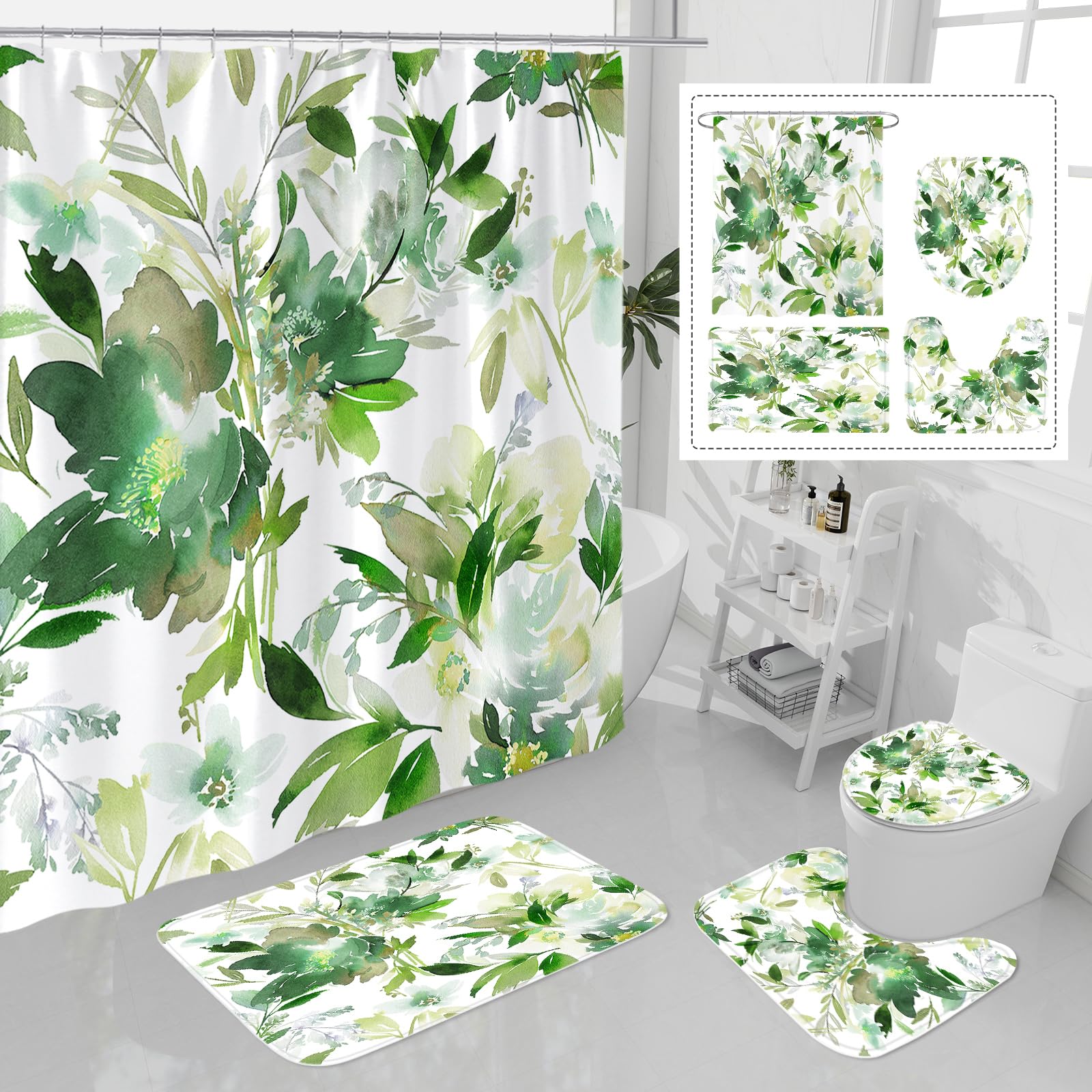Litabel 4 Pcs Green Watercolor Floral Shower Curtain Sets with Rug, Toilet Lid Cover and Bath Mat, Botanical Flower Shower Curtains for Green Bathroom