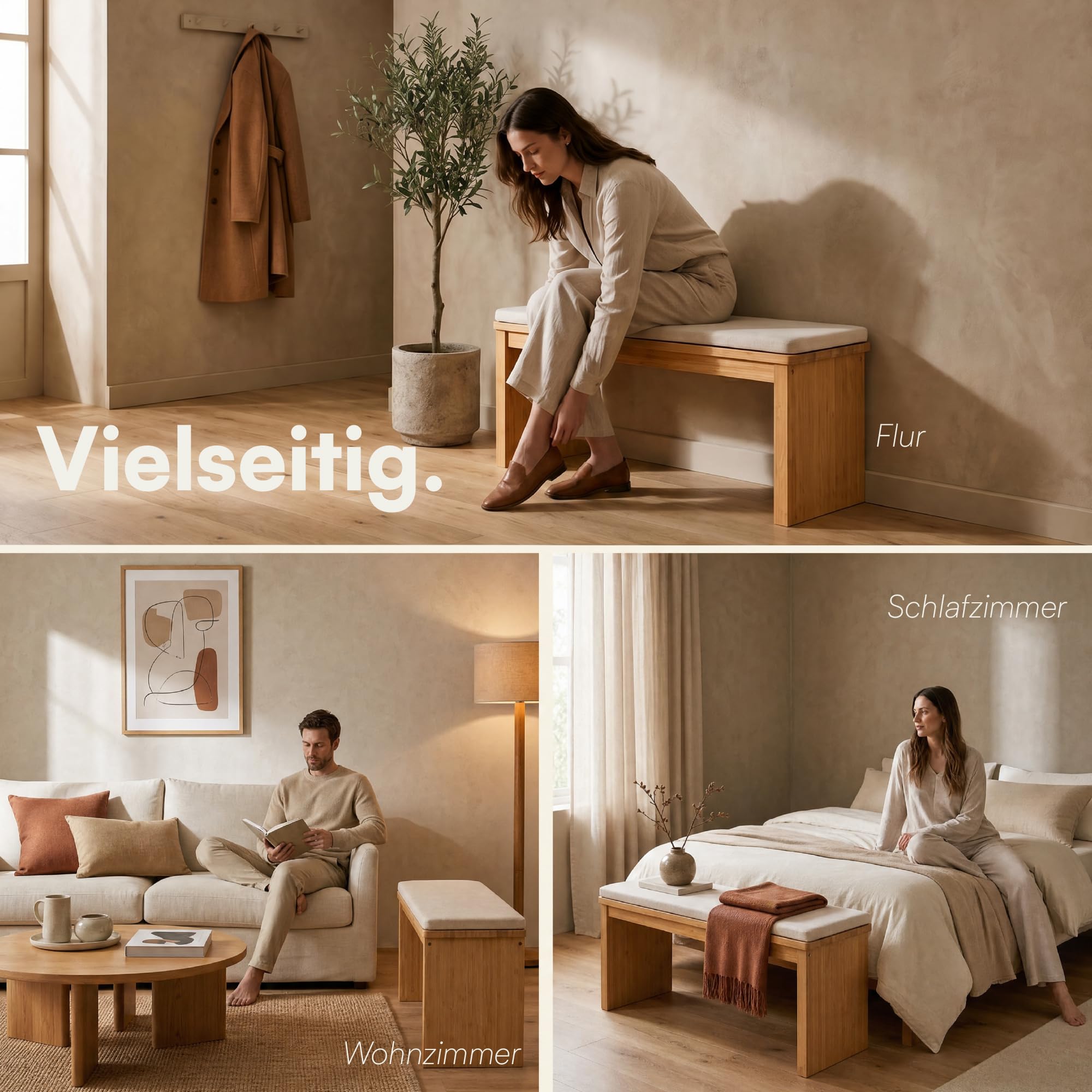 Bambus Sitzbank Flur - Flur Möbel - Bettbank - Polsterbank aus Bambus | BAM BOO BOX Sitzbank Holz Bambus 90x33x43 cm - Bank Flur, Bettbank, Polsterbank, Flurbank fürs Schlafzimmer & Wohnzimmer