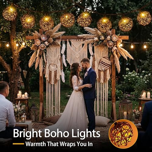 Miniatura 6 de Vigdur Luces de Cadena de Bolas de Ratán, Luces de Cadena de Linterna Boho con 10 Bombillas LED Conectables, Luces de Cadena para Interiores